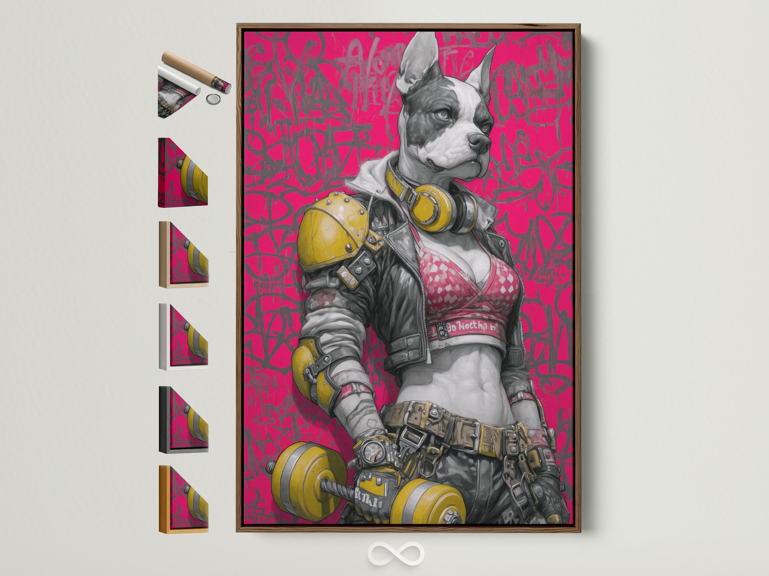 Stylised astronaut dog illustration with a pink graffiti background and yellow accents