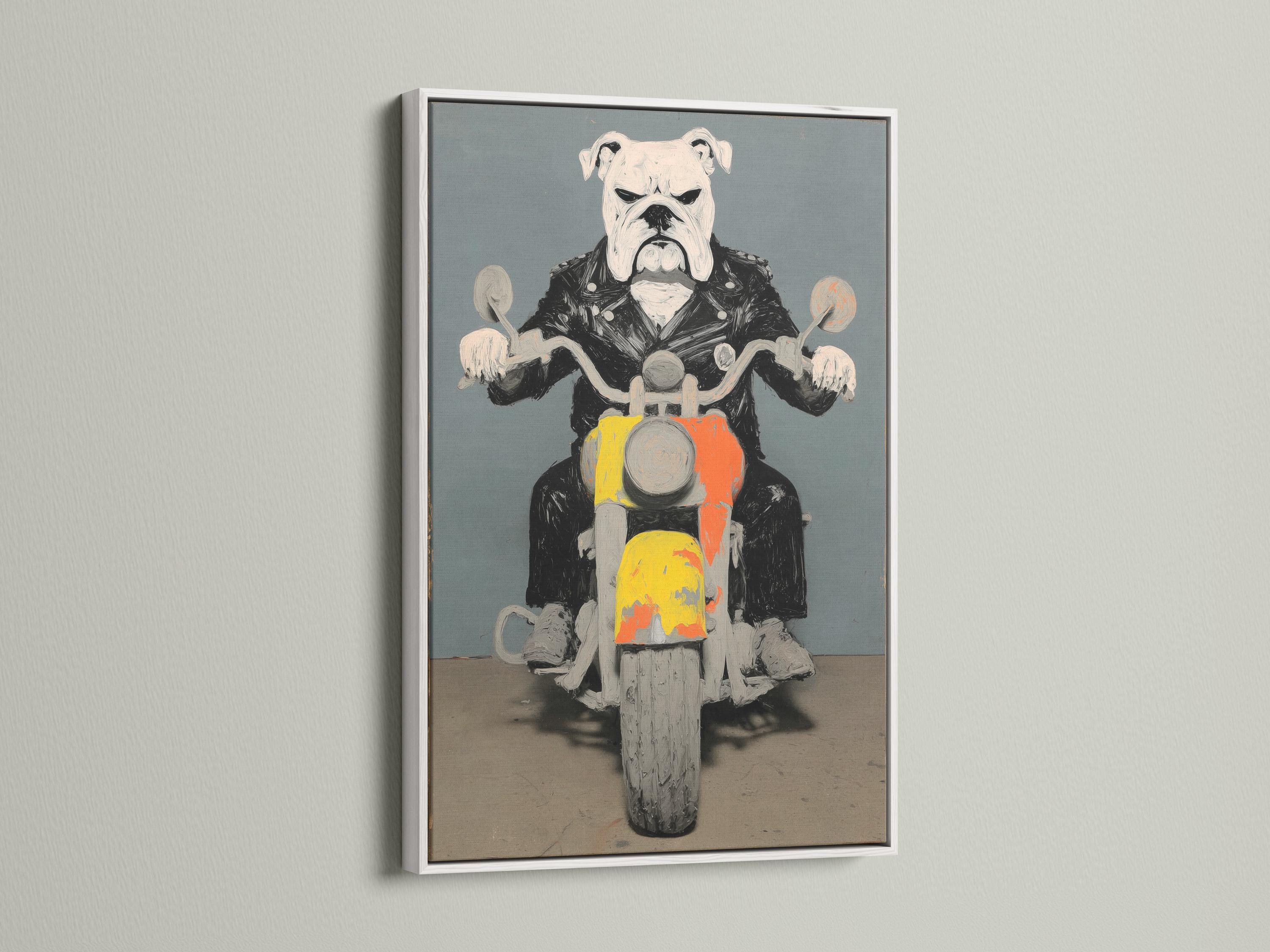 Stylised bulldog riding a motorcycle with orange and yellow accents against a blue-grey background detail view