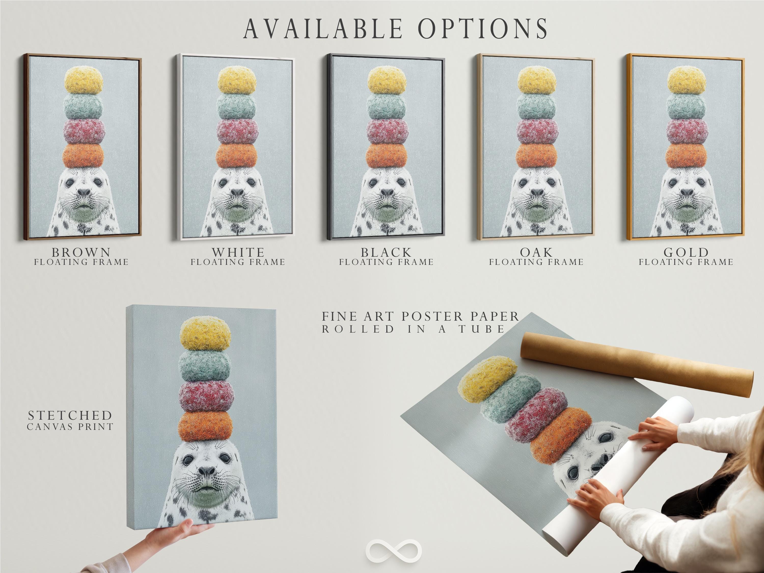 Seal wall art mockup with stacked pastel pom-pom balls