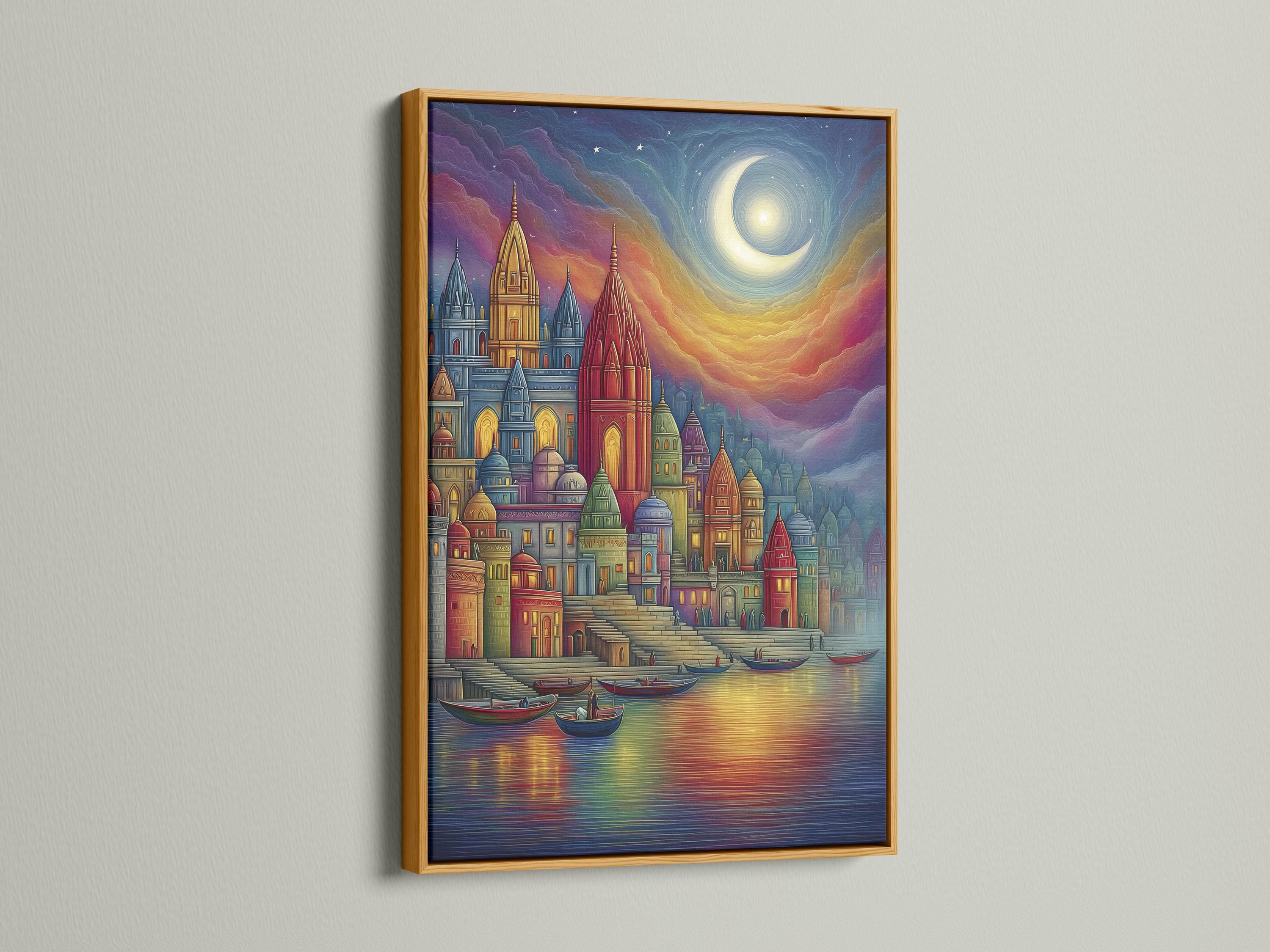 Moonlit colourful city skyline with domed buildings and boats on reflective water detail view
