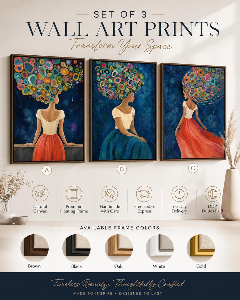 Three abstract female portrait panels with patterned hair on deep blue backgrounds