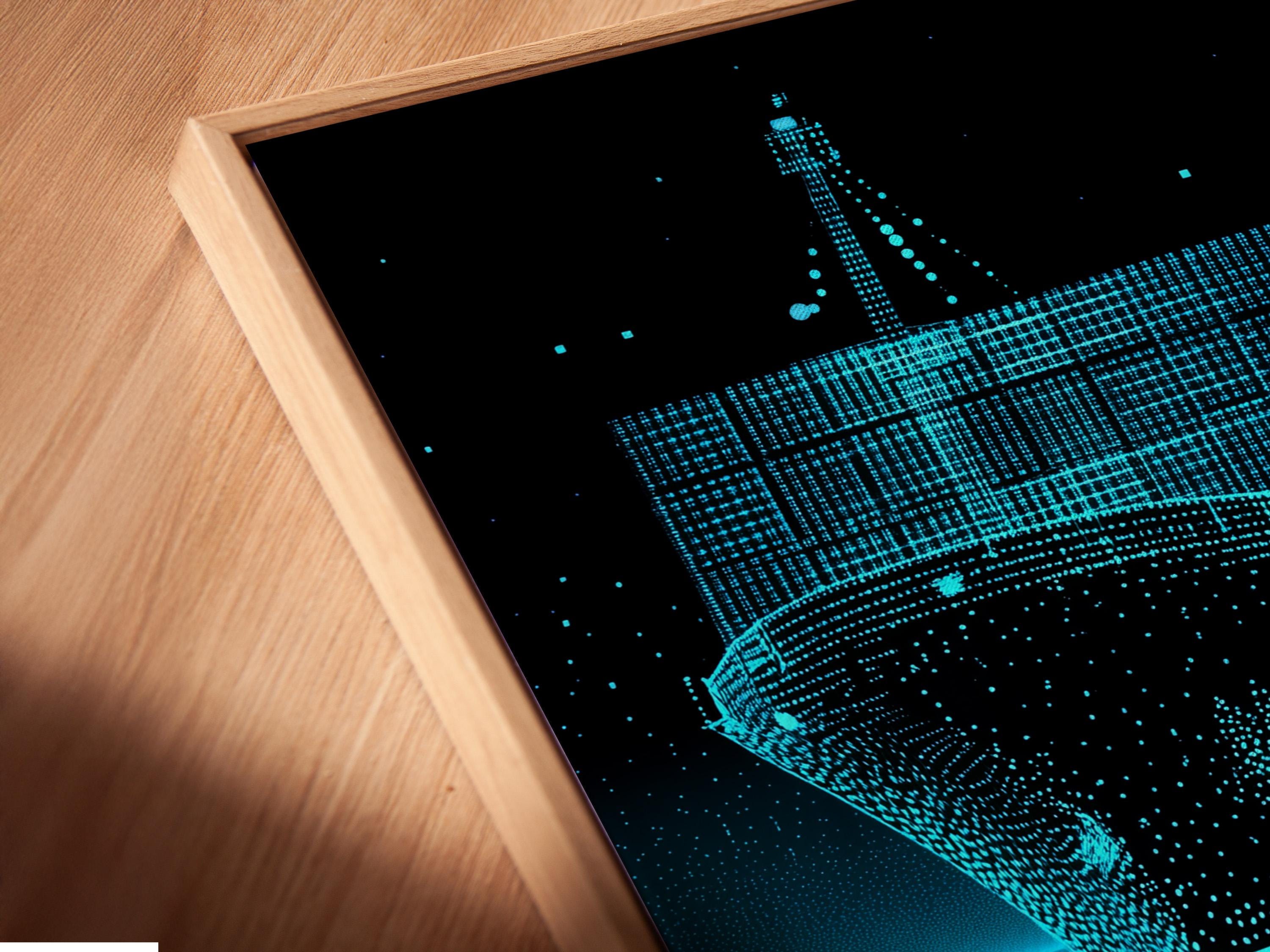 Cyan blueprint cargo ship on a dark background with dotted lines and water reflection detail view
