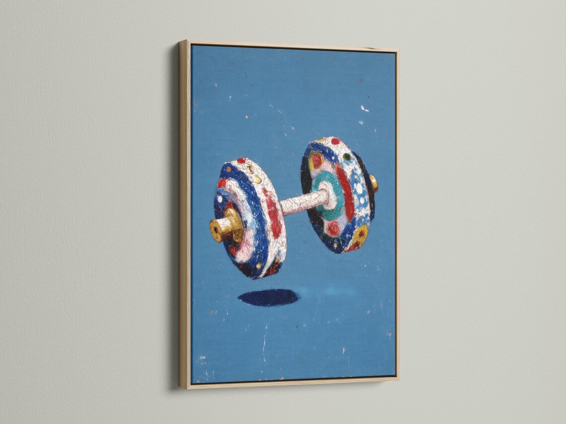 Stylised dumbbell weights illustration on a distressed blue background with red, white and gold accents detail view
