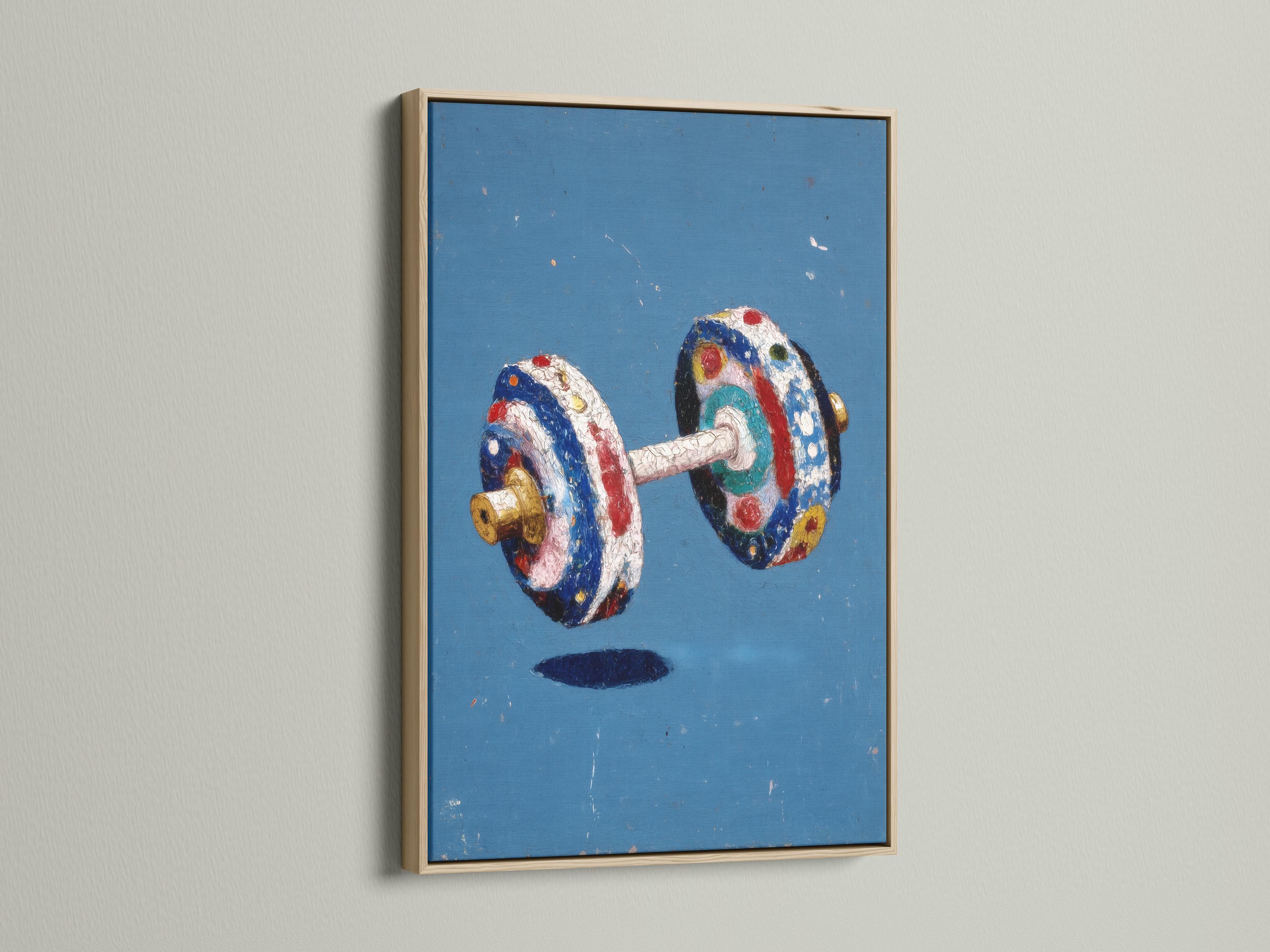 Stylised dumbbell weights illustration on a distressed blue background with red, white and gold accents detail view