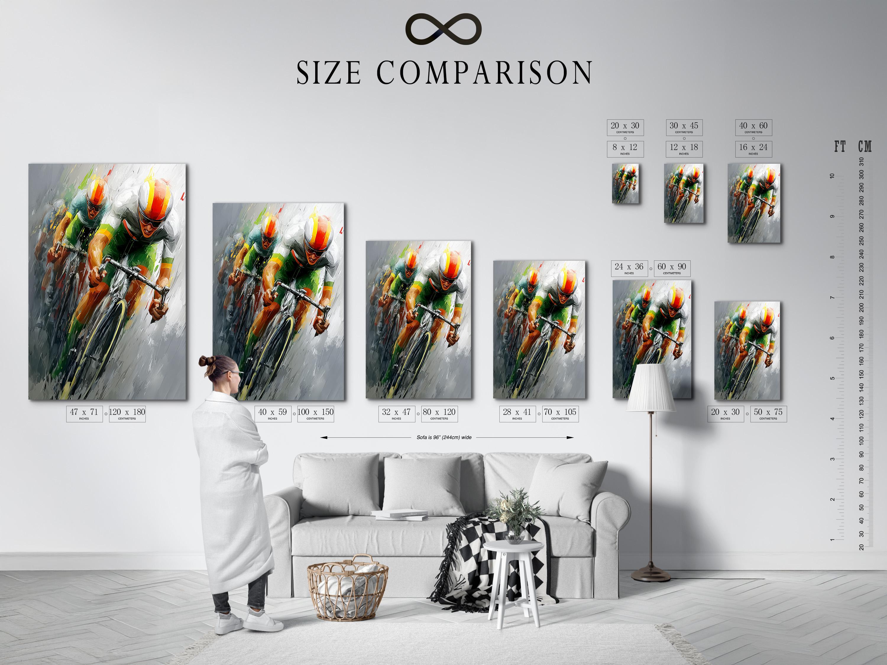 Room mockup showing framed abstract cycling artwork on a light wall