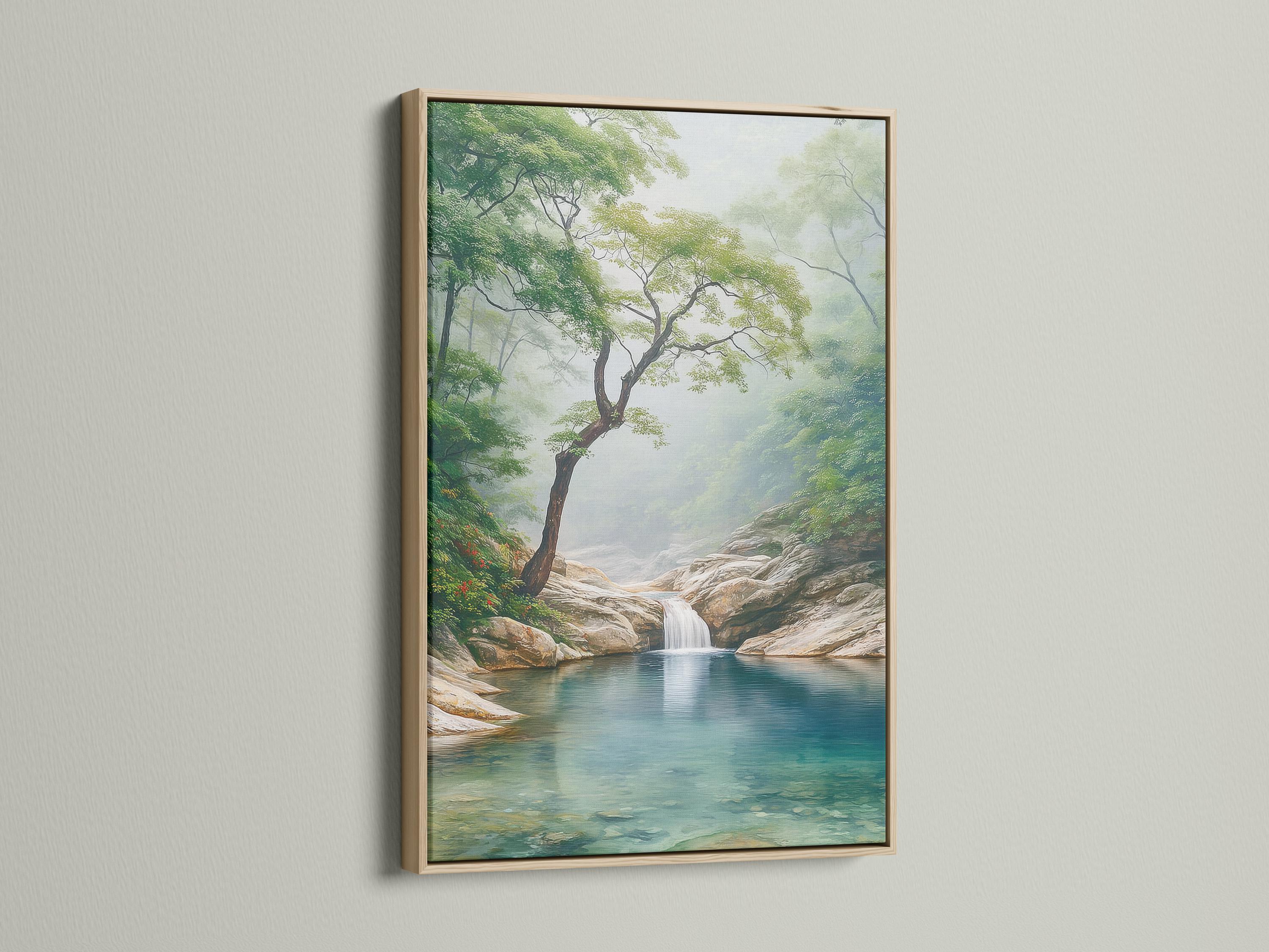 Misty forest waterfall scene with a leaning tree and a calm blue-green pool detail view