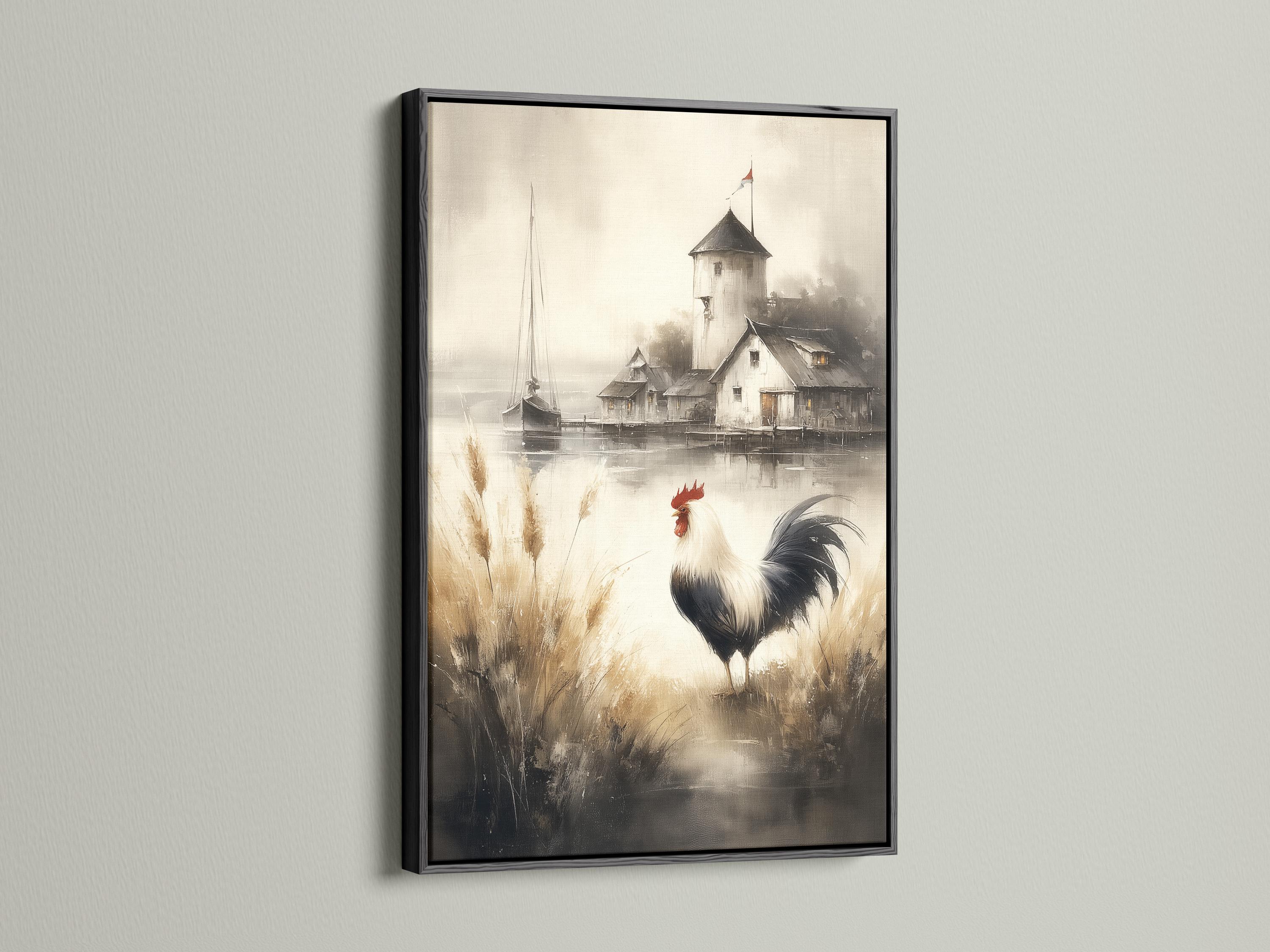 Rooster with red comb standing in tall grasses in a misty farm scene detail view