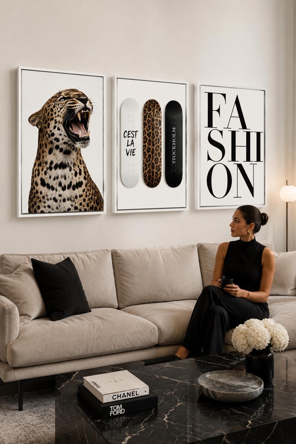 Three-panel leopard fashion wall art featuring a roaring leopard, skateboard deck shapes and bold serif typography detail view