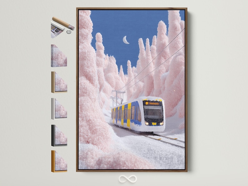 Snowy train on diagonal tracks with a pale moon above blush-pink winter trees and deep blue sky