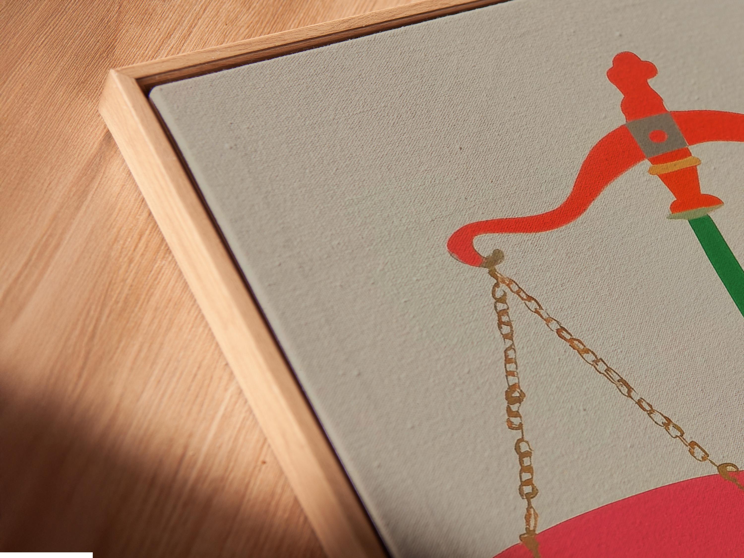 A stylised balance scale icon with a green stand and red and orange pans sits centrally on a pale background, framed by a thin border detail view