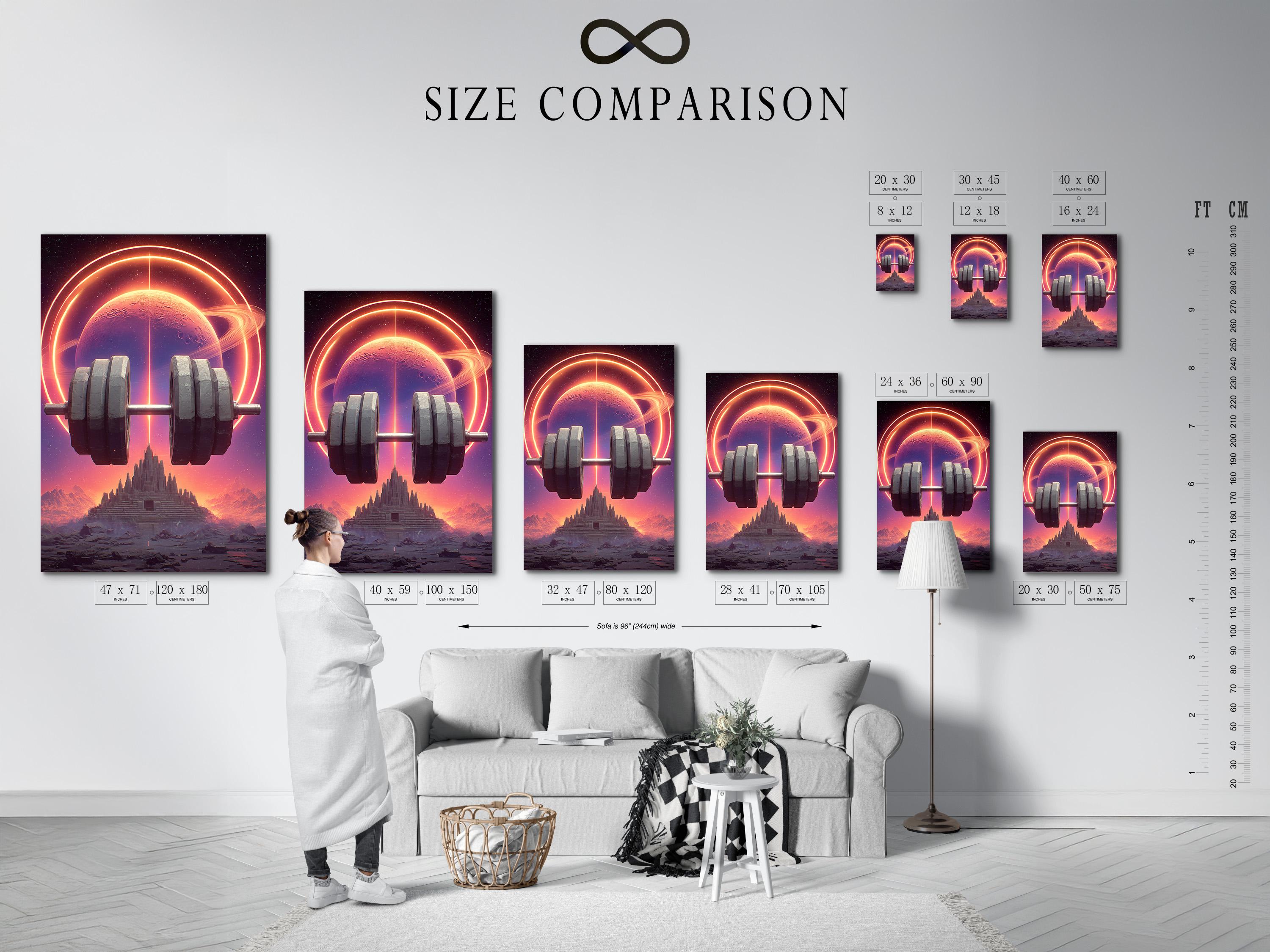 Futuristic gym wall art artwork mockup with neon planet and barbell