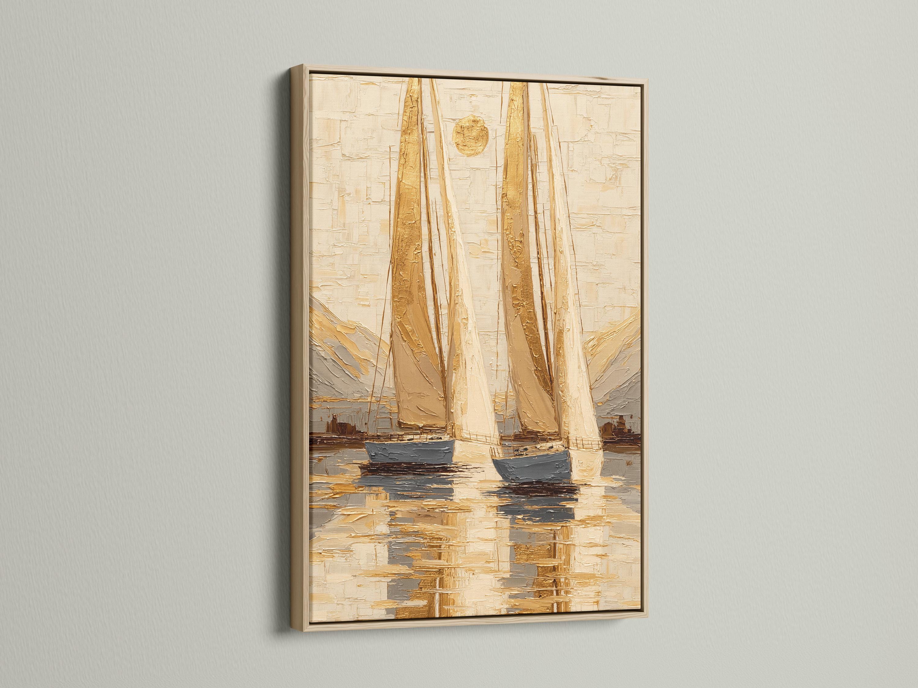 A framed nautical sailboat seascape painting on a wall above a dark sofa in a wood interior