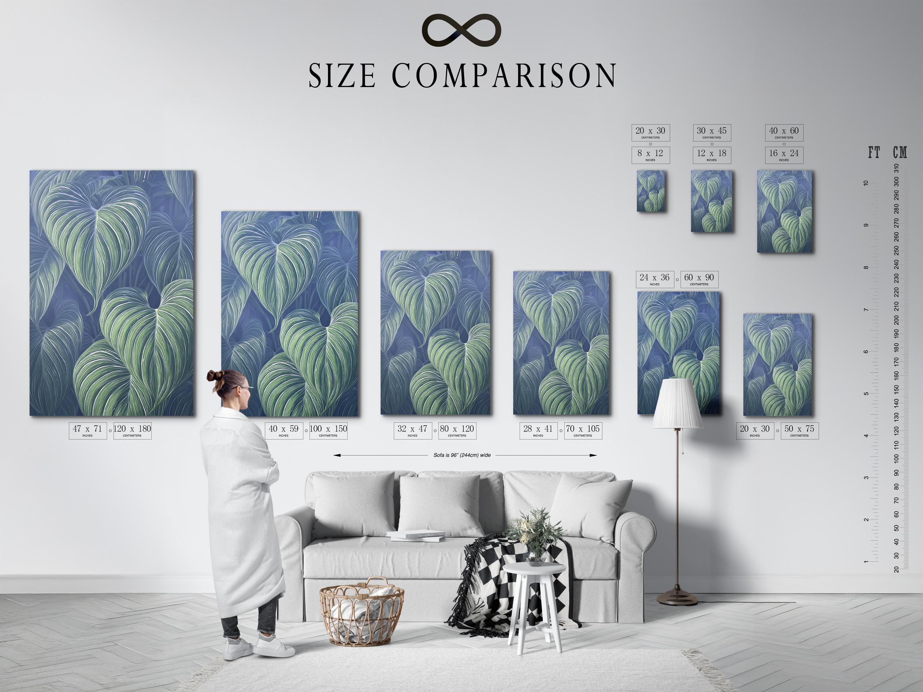 Mockup showing a framed botanical leaf artwork with mint green leaves on a navy-blue background