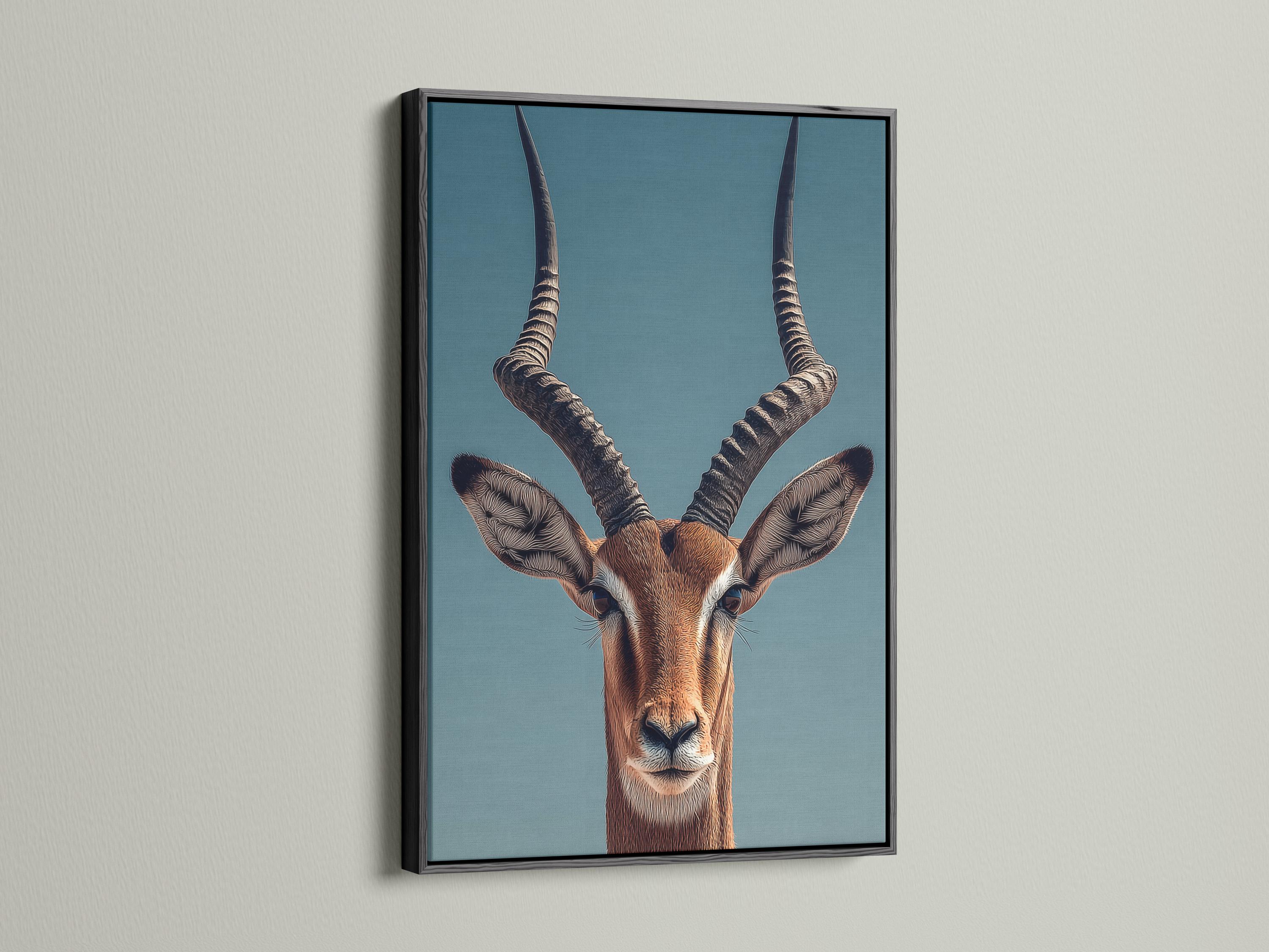 Antelope portrait illustration with long curved horns on a teal background detail view