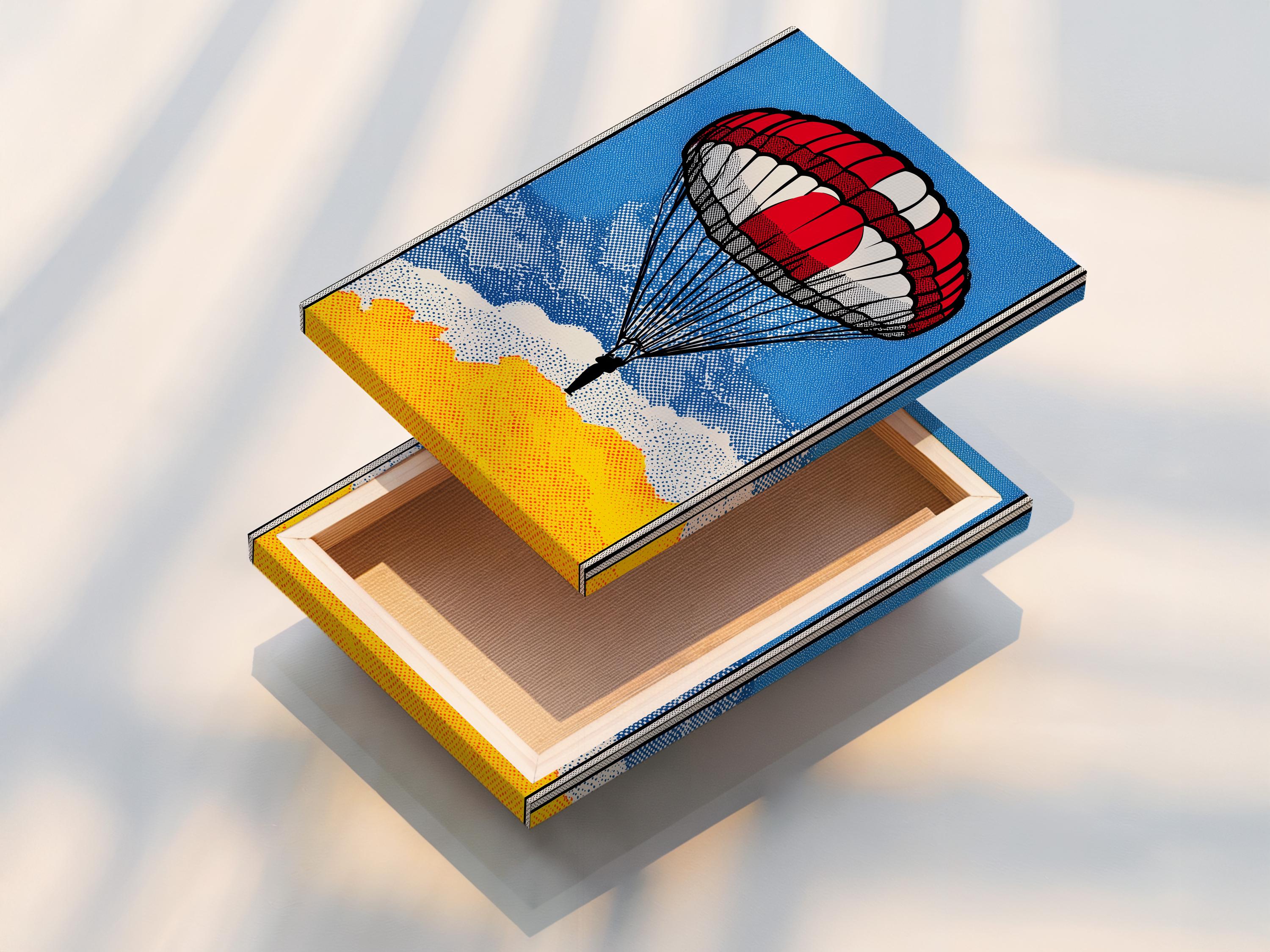 Red and white parachute pop art scene with blue dotted sky and clouds detail view