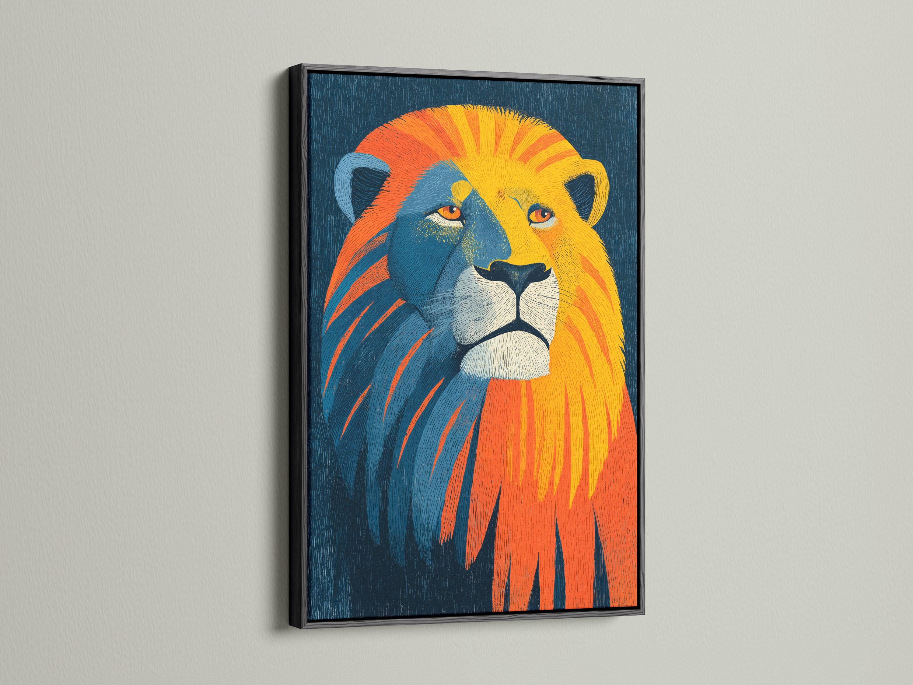 Stylised lion portrait in blue with orange and yellow mane streaks detail view