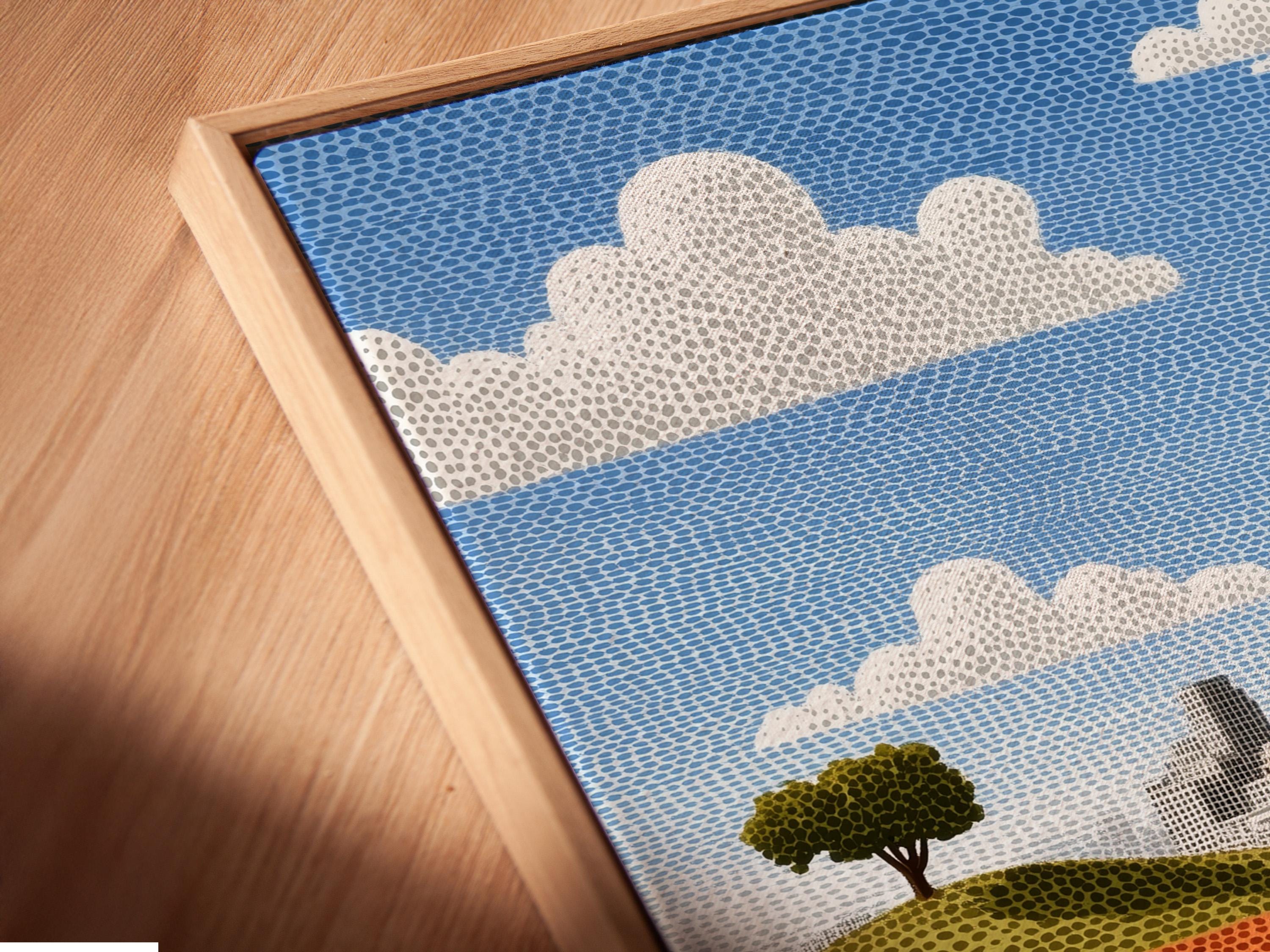 Room mockup showing a framed cityscape artwork with a blue river and skyline