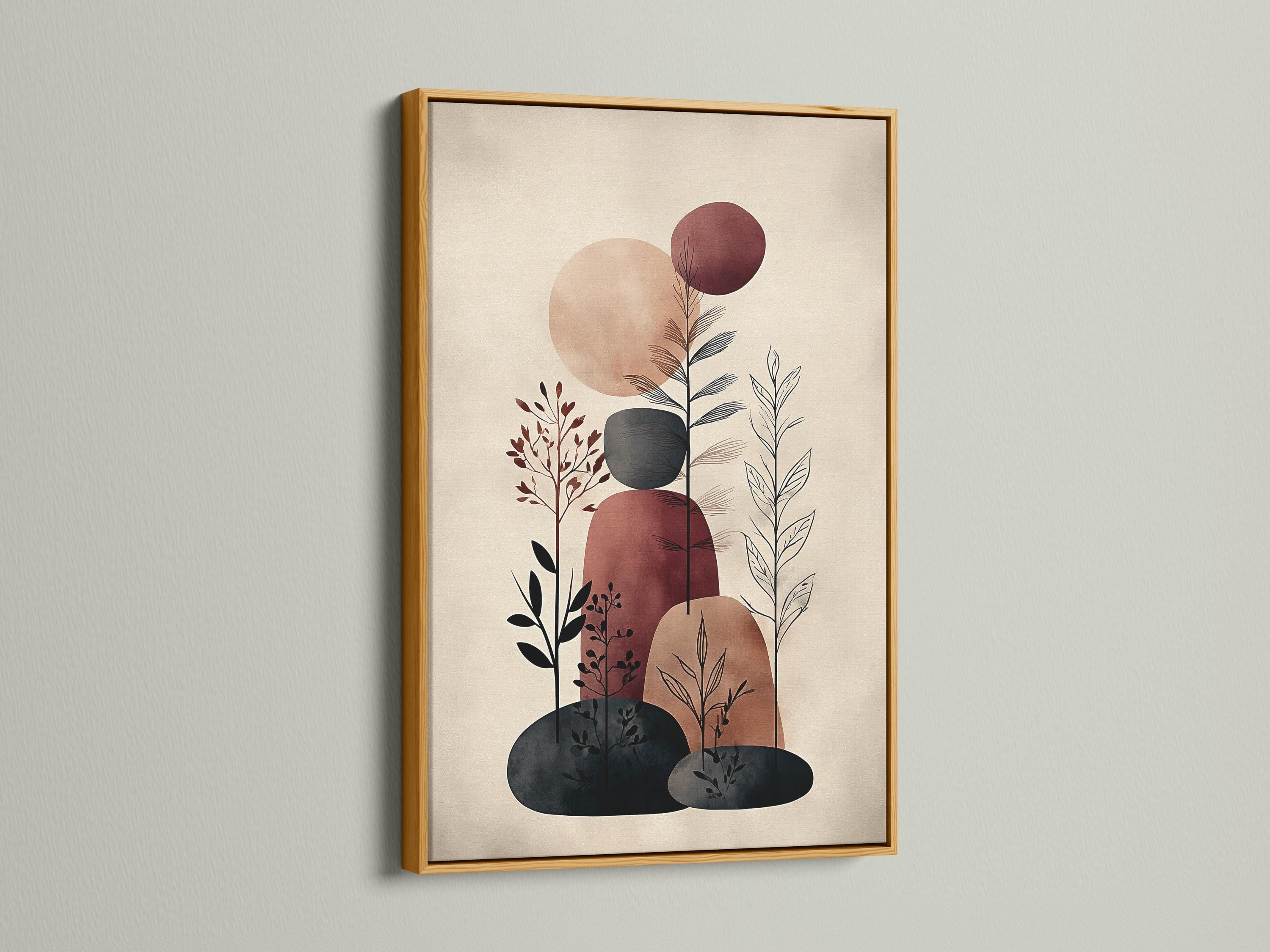Abstract botanical illustration with beige background, terracotta and burgundy circles, and charcoal plant stems detail view
