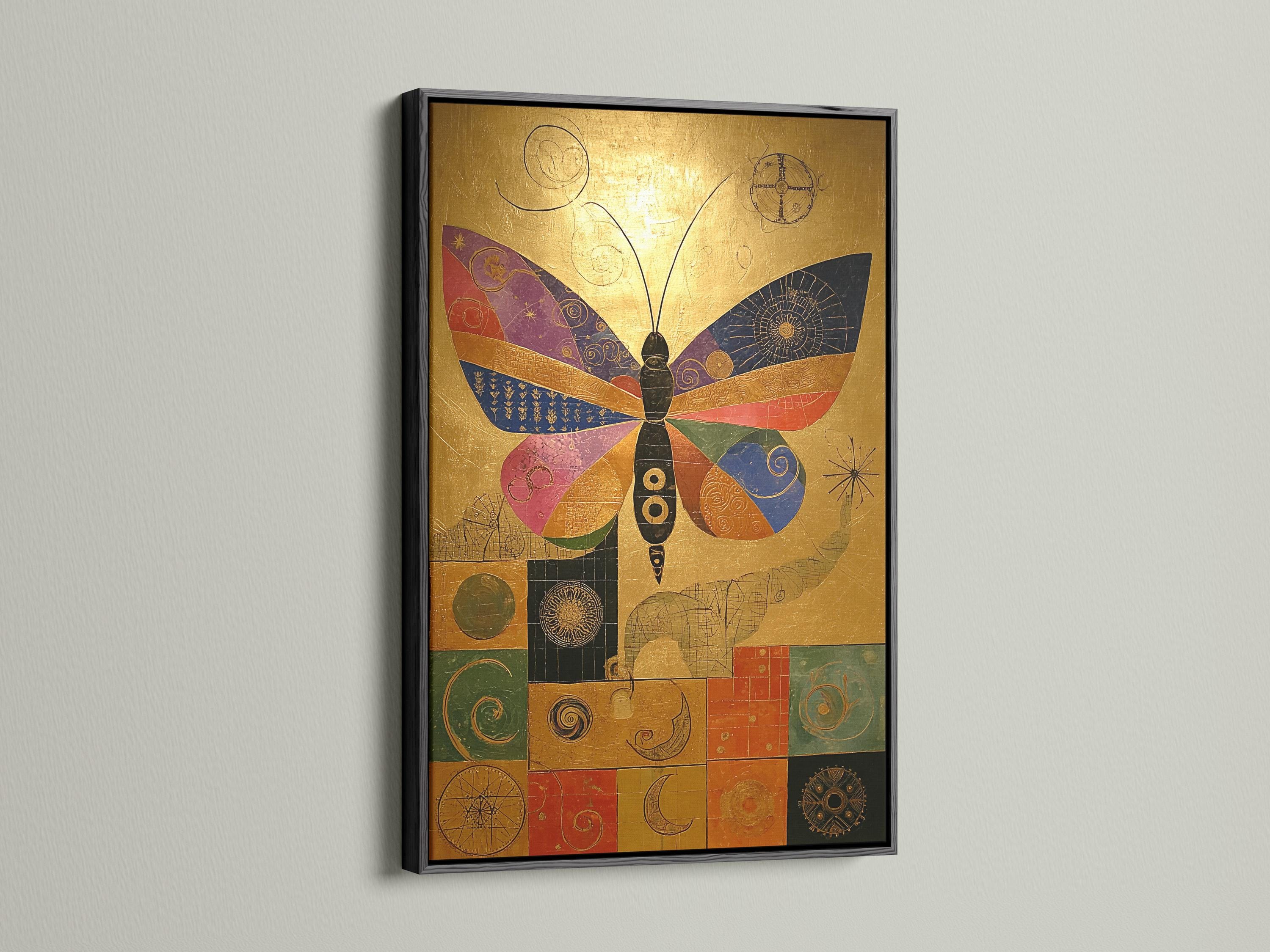 Artwork mockup showing a gold butterfly design in a frame with tile-like geometric details