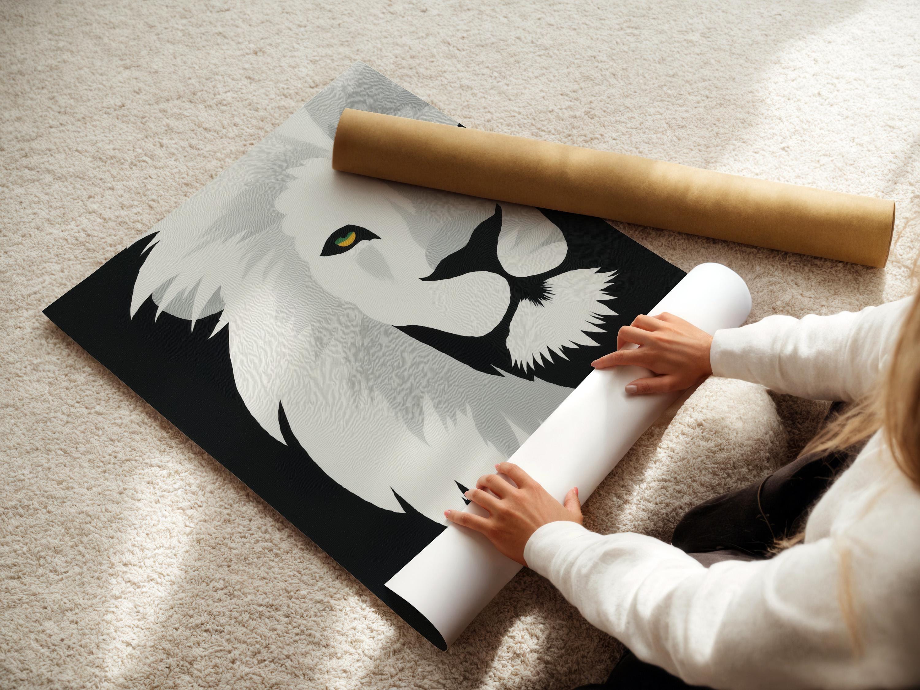 Monochrome lion portrait artwork with stylised mane and yellow-green eye highlights detail view