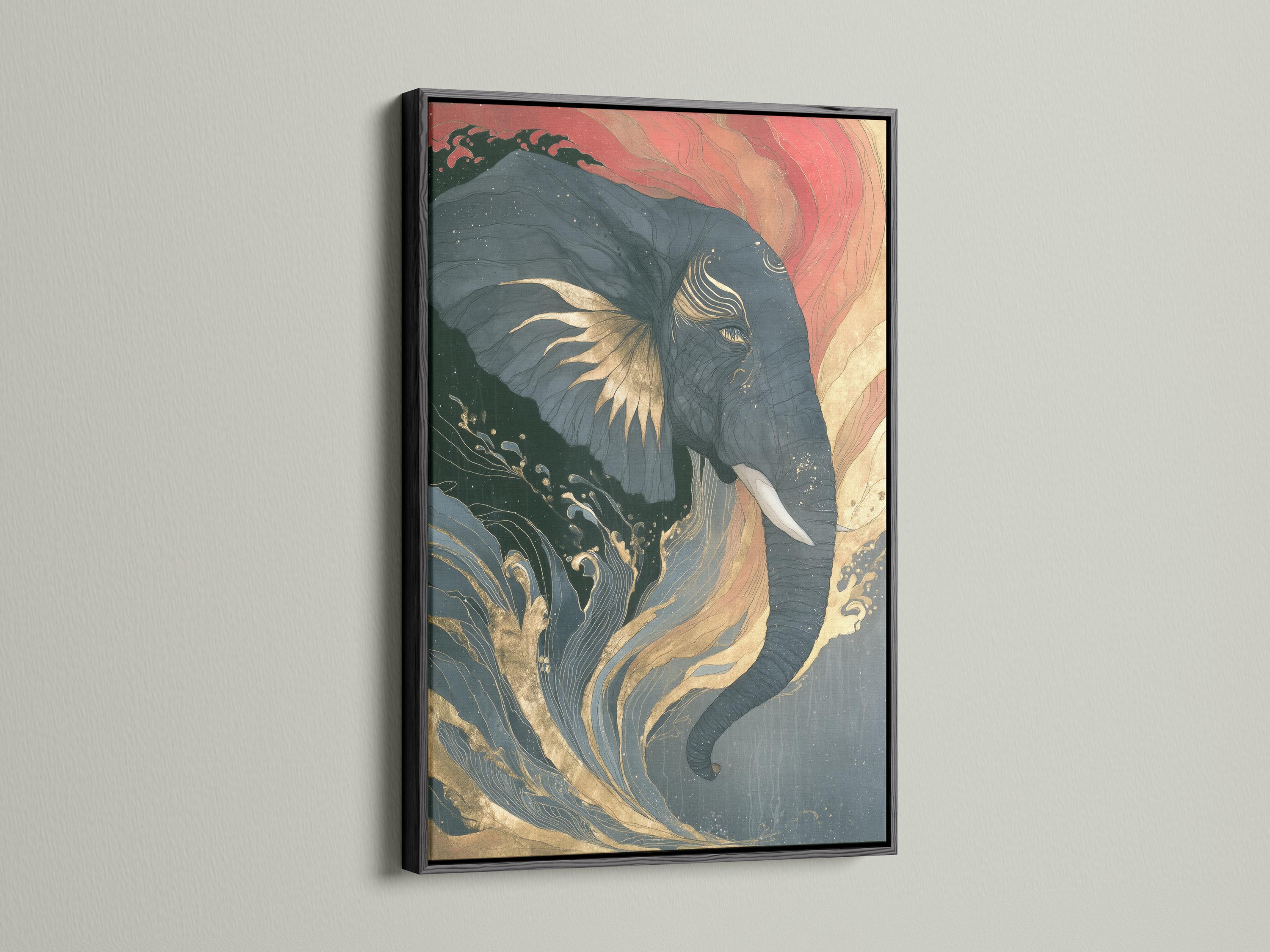 Abstract elephant portrait with swirling wave patterns in muted teal, coral pink and warm gold lines detail view