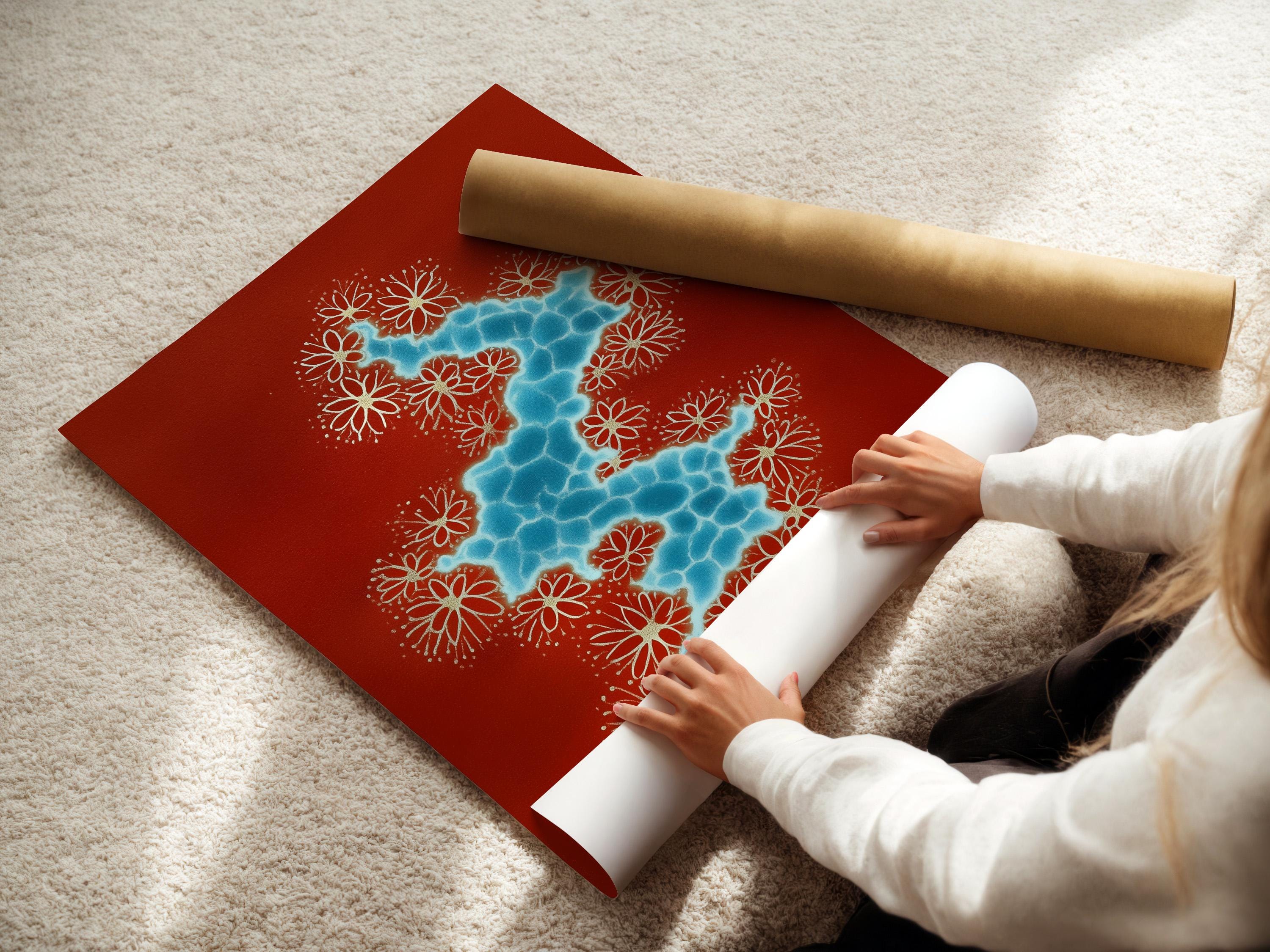 Wall mockup showing framed red abstract river artwork with blue water shape and white flowers