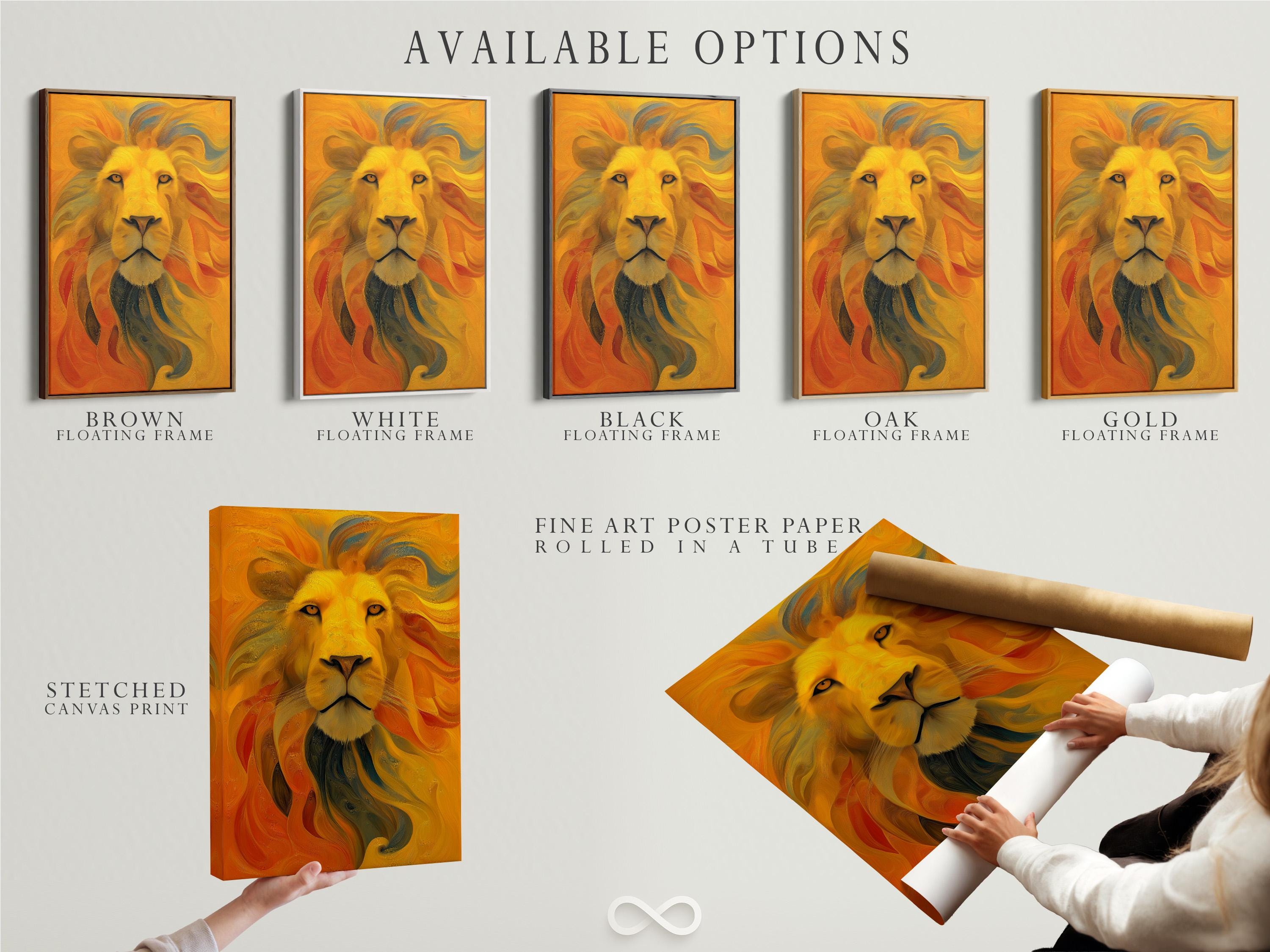 Stylised lion portrait with warm gold and orange swirls, teal tones, and dark eyes detail view