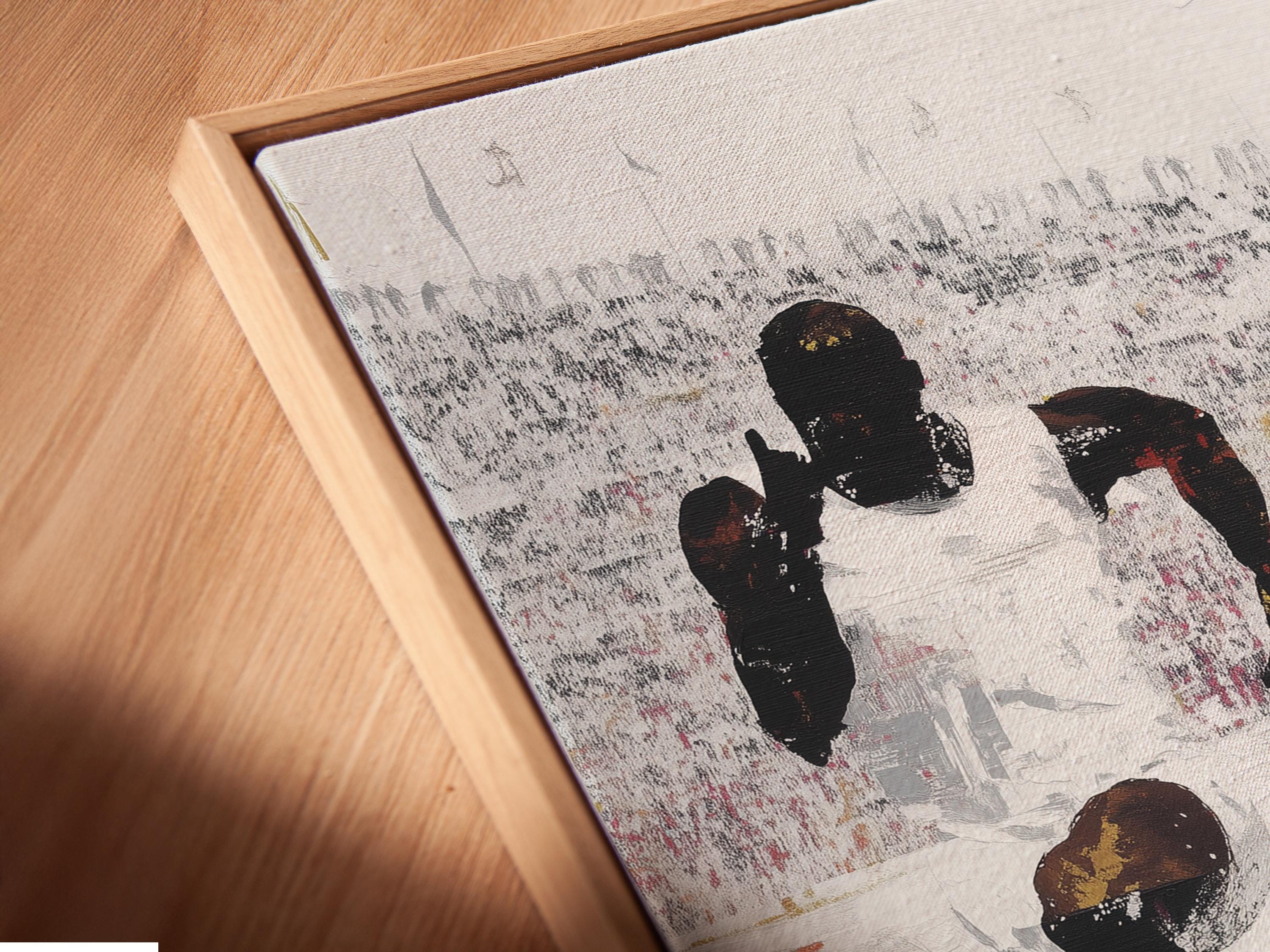 Painted runners race scene with dark silhouettes and orange, yellow and red highlights detail view