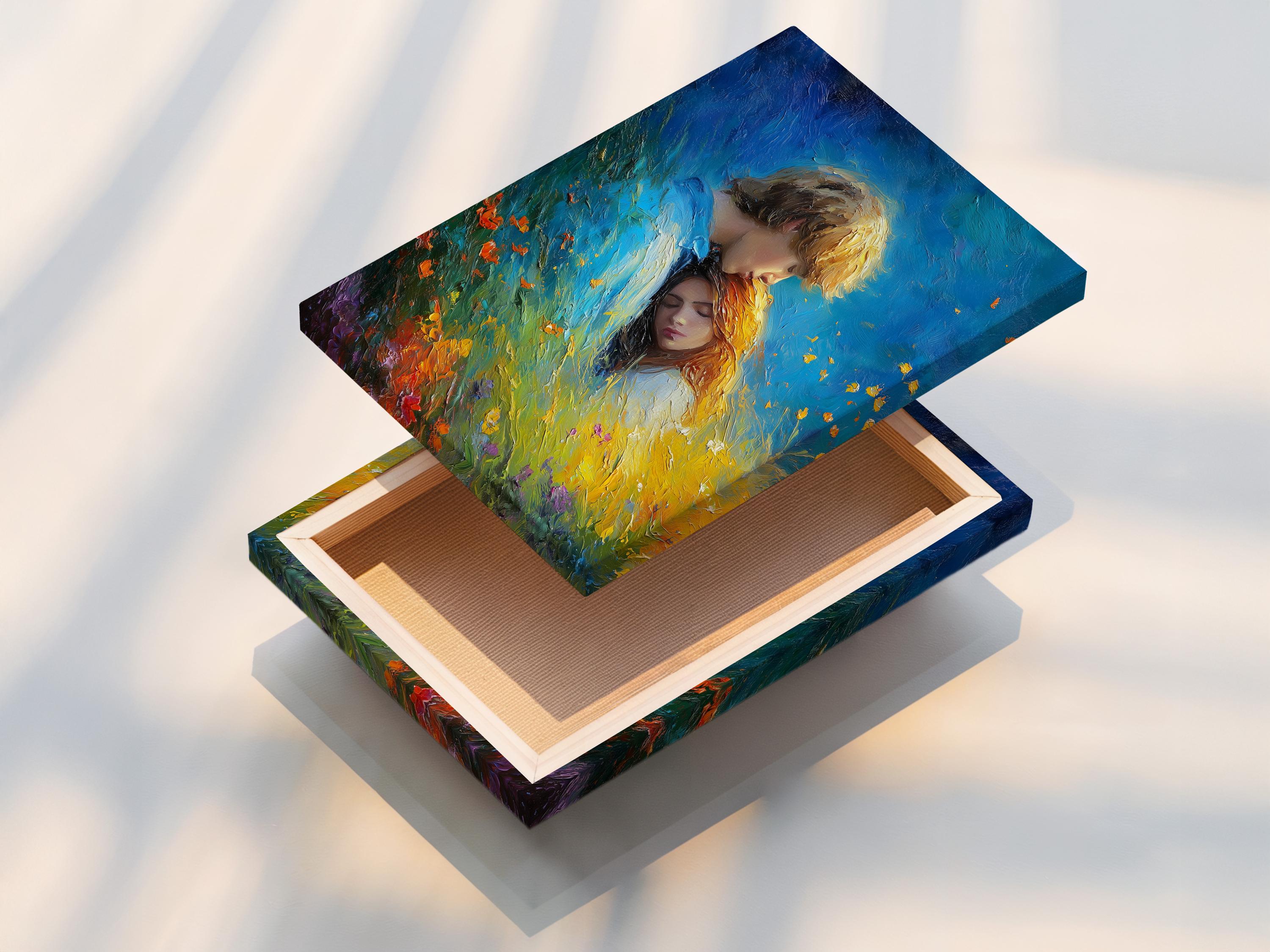 Painted romantic couple embracing in a blue field with warm yellow and gold highlights detail view