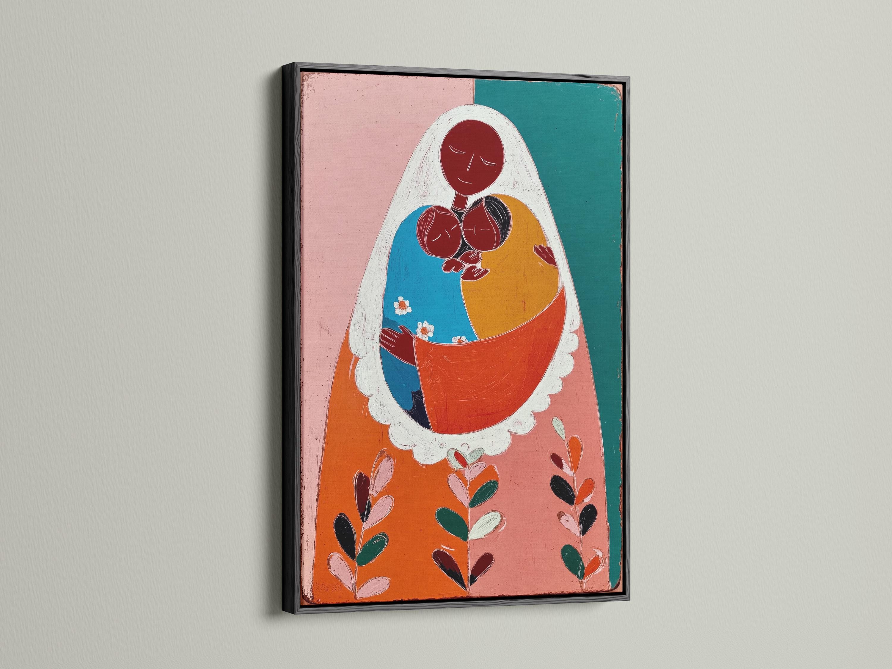 Framed mother and child portrait artwork in pink and teal colours in a mockup scene