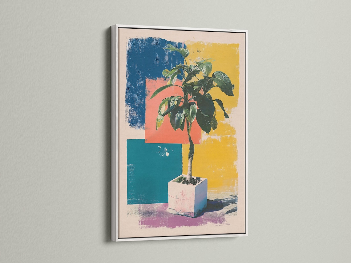 Stylised potted plant with dark green leaves over teal, coral and yellow pop-art blocks detail view