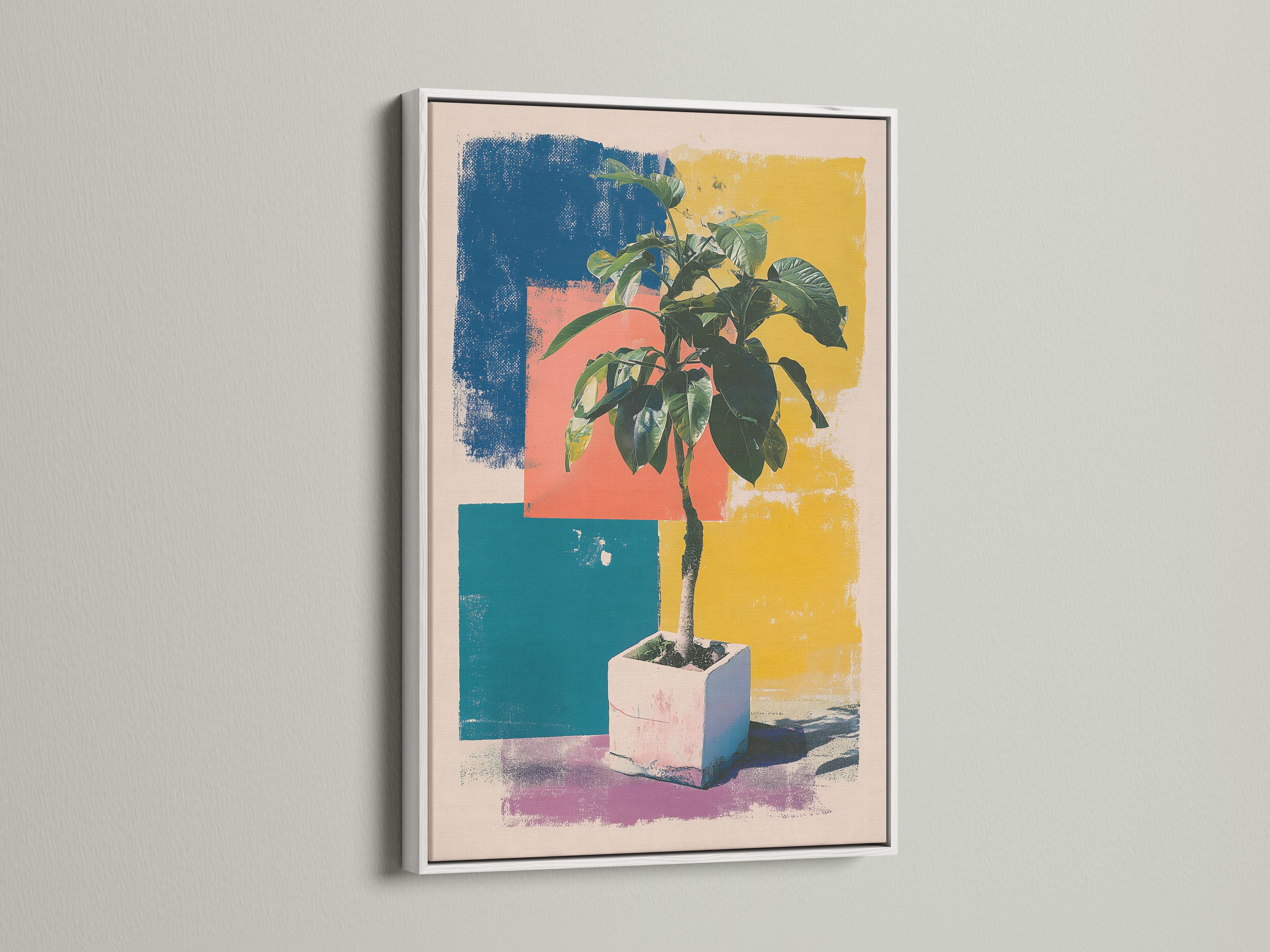 Stylised potted plant with dark green leaves over teal, coral and yellow pop-art blocks detail view