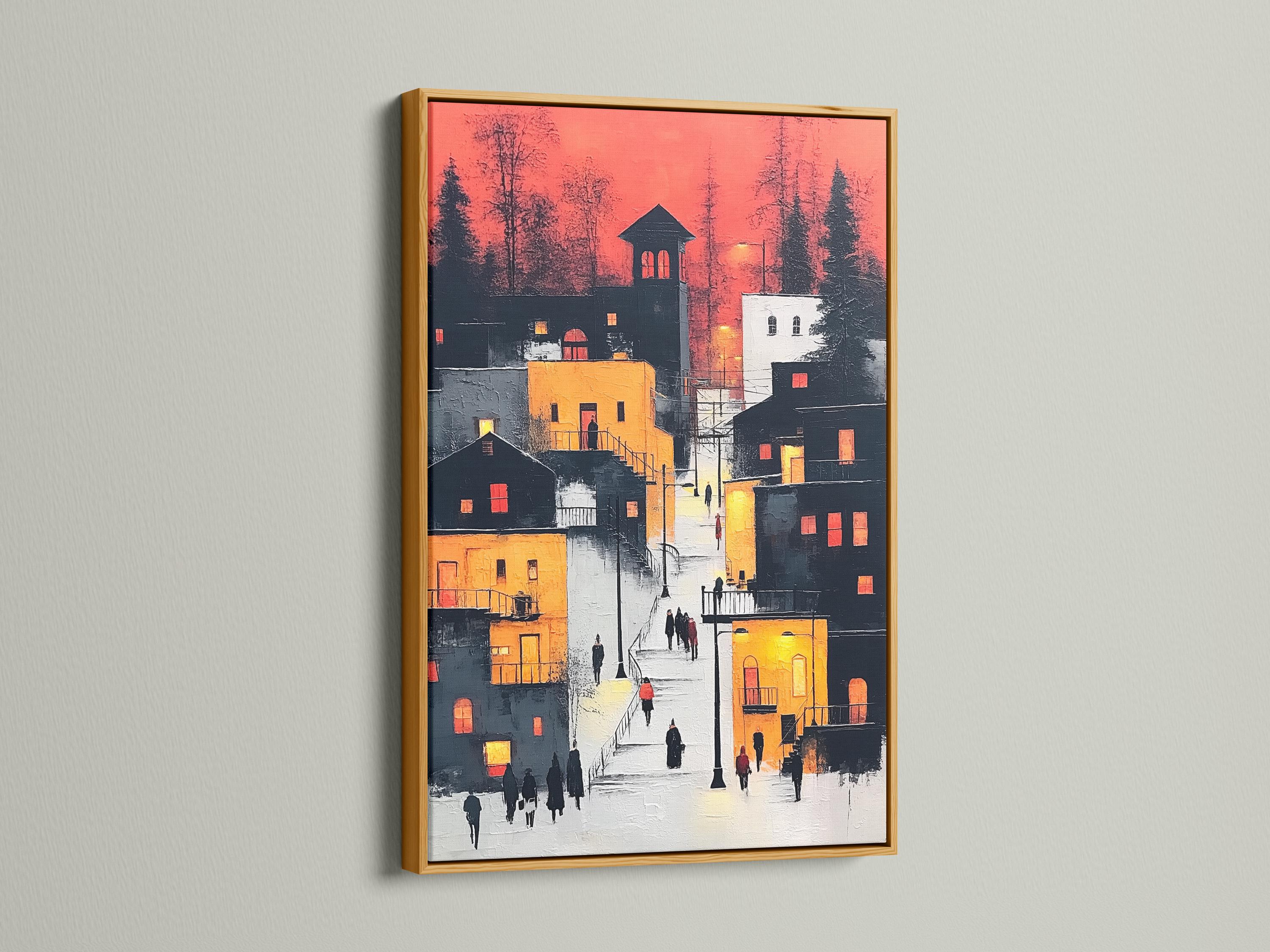 Painterly urban street scene with red sky, grey buildings, warm amber highlights and small walking figures detail view