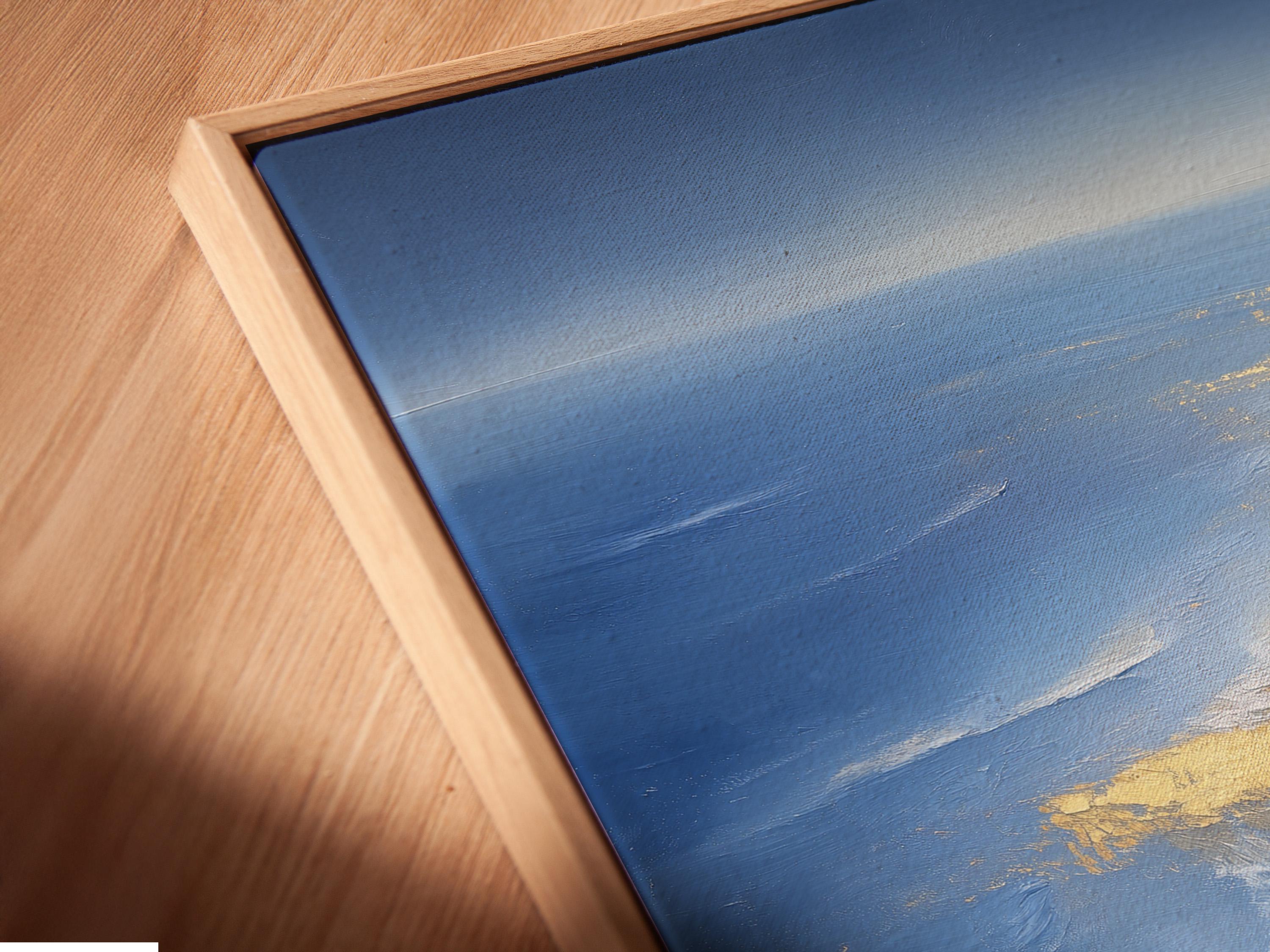 Painterly navy blue seascape with gold reflections and a dark human silhouette near the shoreline detail view