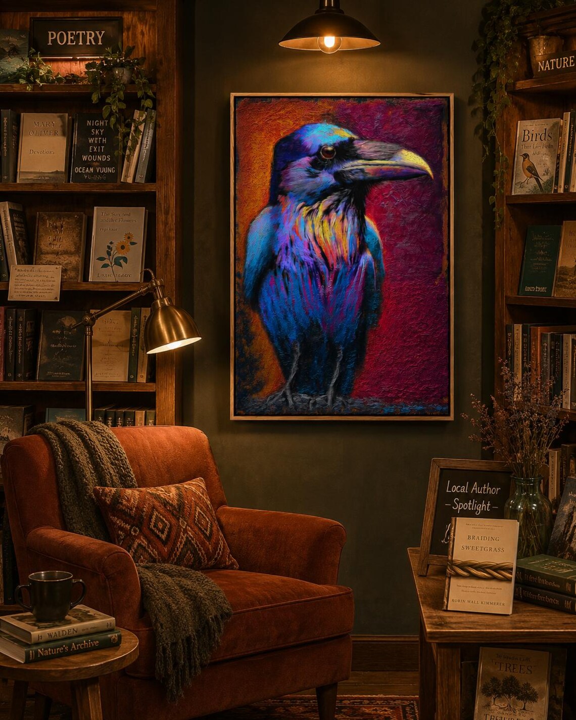 A raven portrait artwork displayed in a barbershop setting