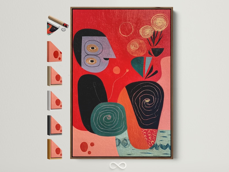Abstract face artwork with red background, teal accents, black outlines and spiral details