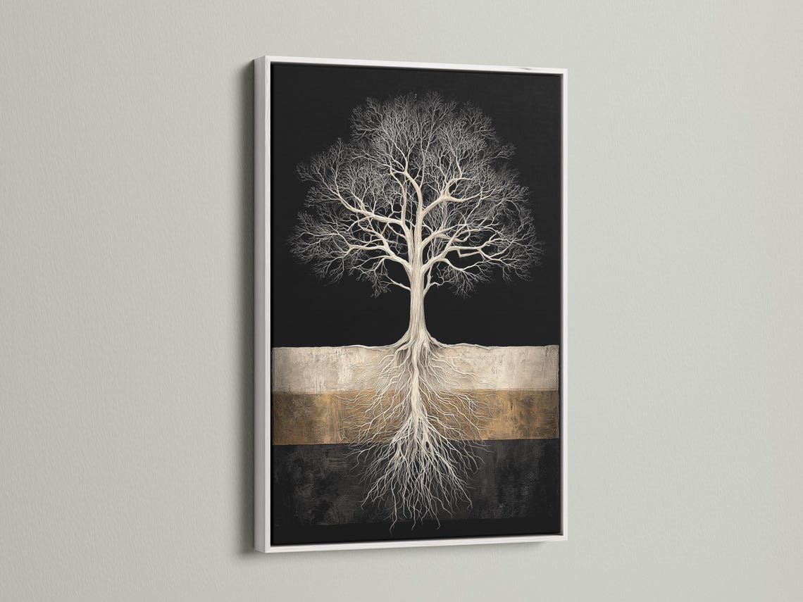 Framed tree roots artwork mockup on a light background