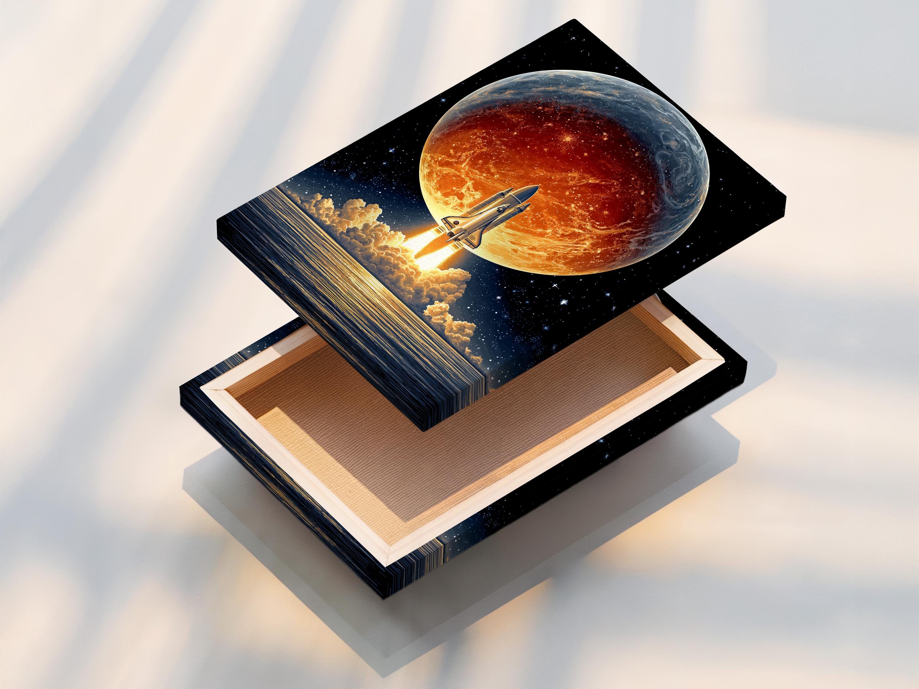 Room mockup showing a framed retro sci-fi rocket launch artwork on a wall