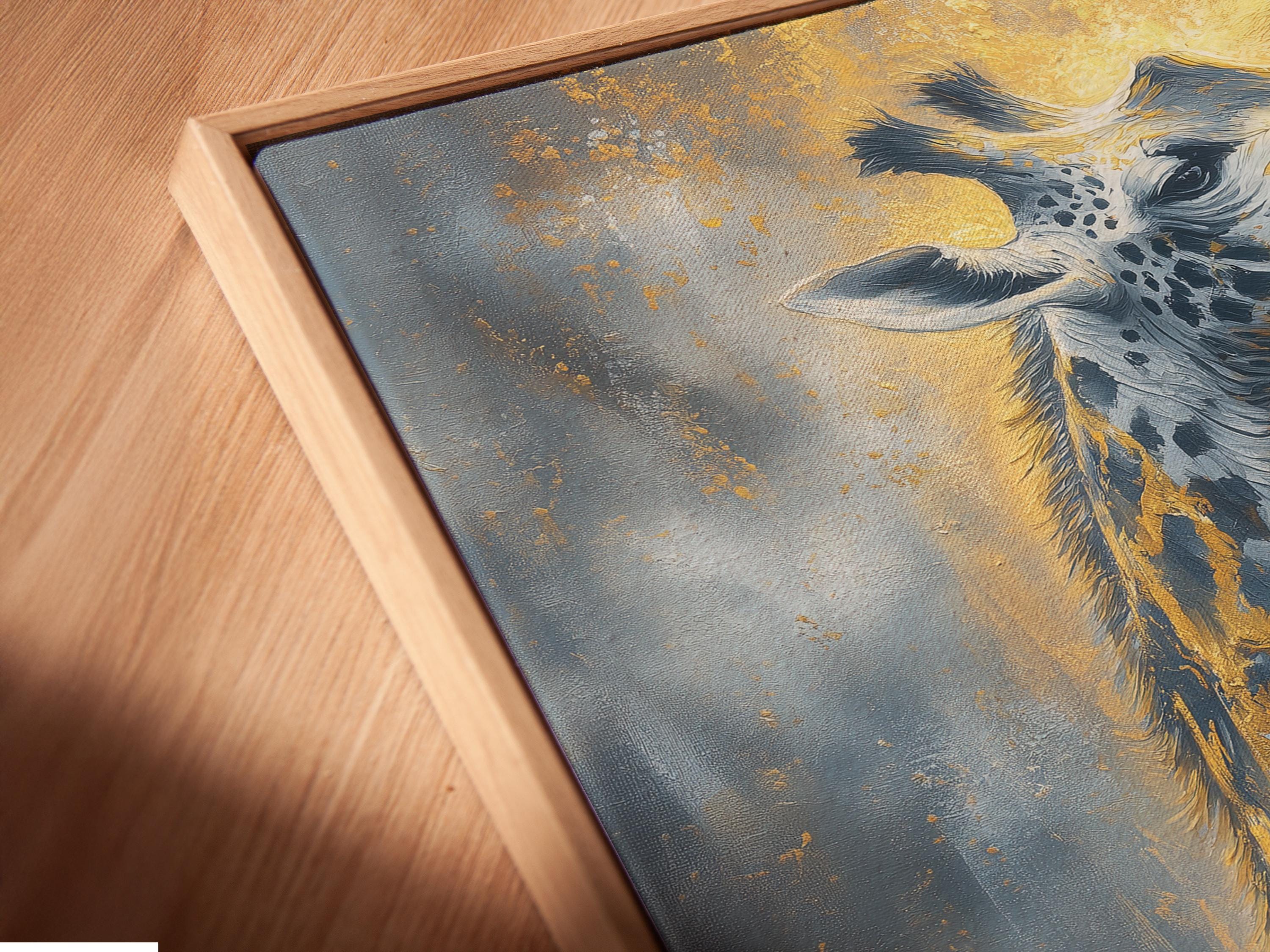 Stylised giraffe portrait in blue and grey with warm gold highlights and speckled texture detail view