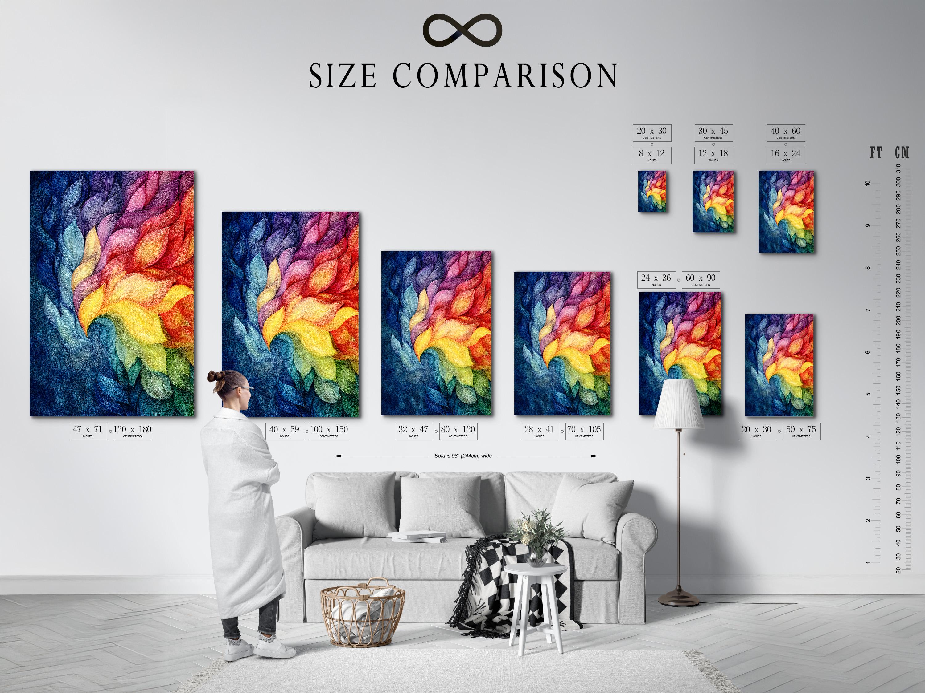 Person standing beside a framed rainbow abstract artwork in a bright room