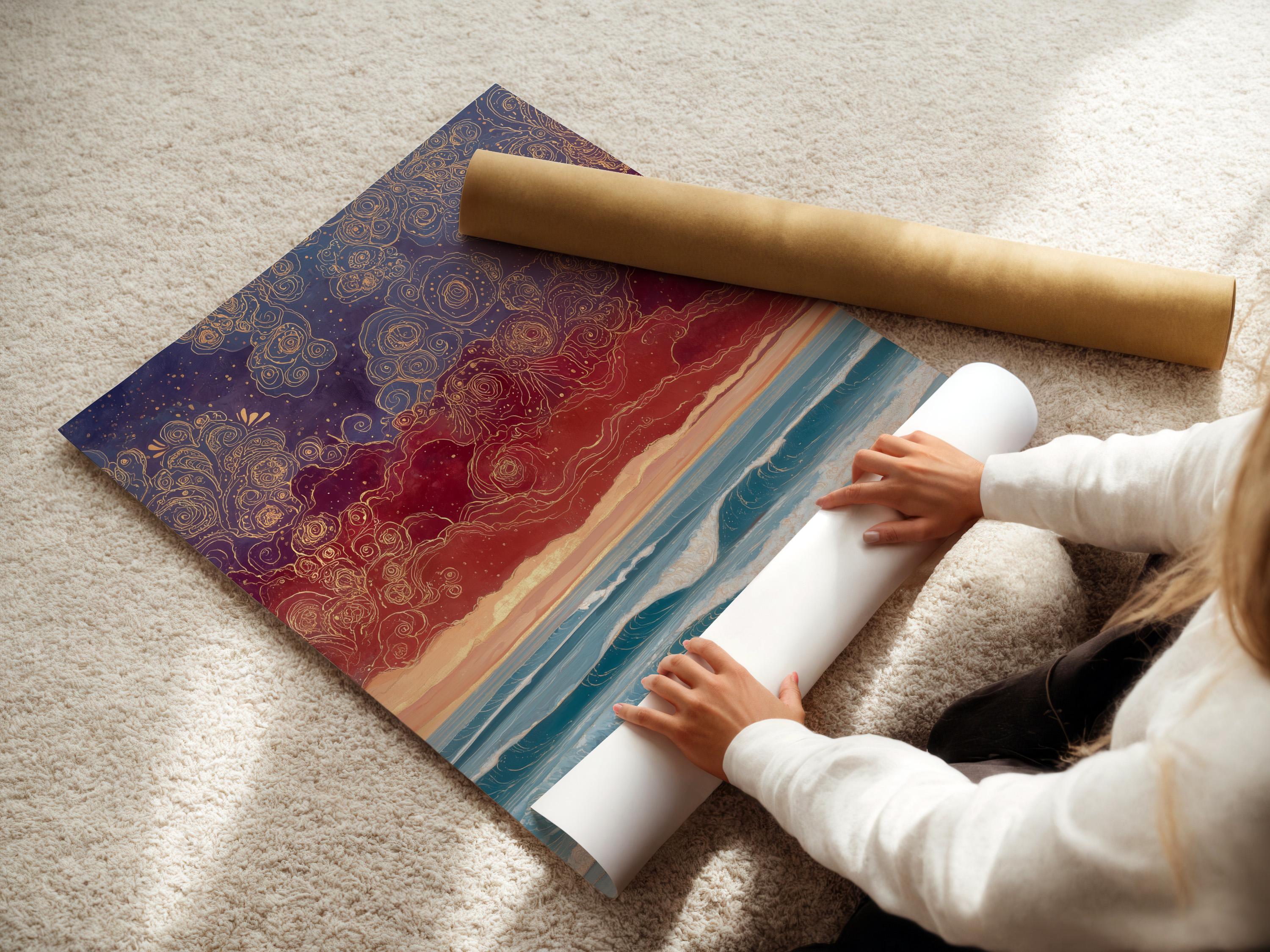 Stylised sunset seascape with teal waves, a sandy beach, a dark boat, and swirling gold rose linework in the purple sky detail view