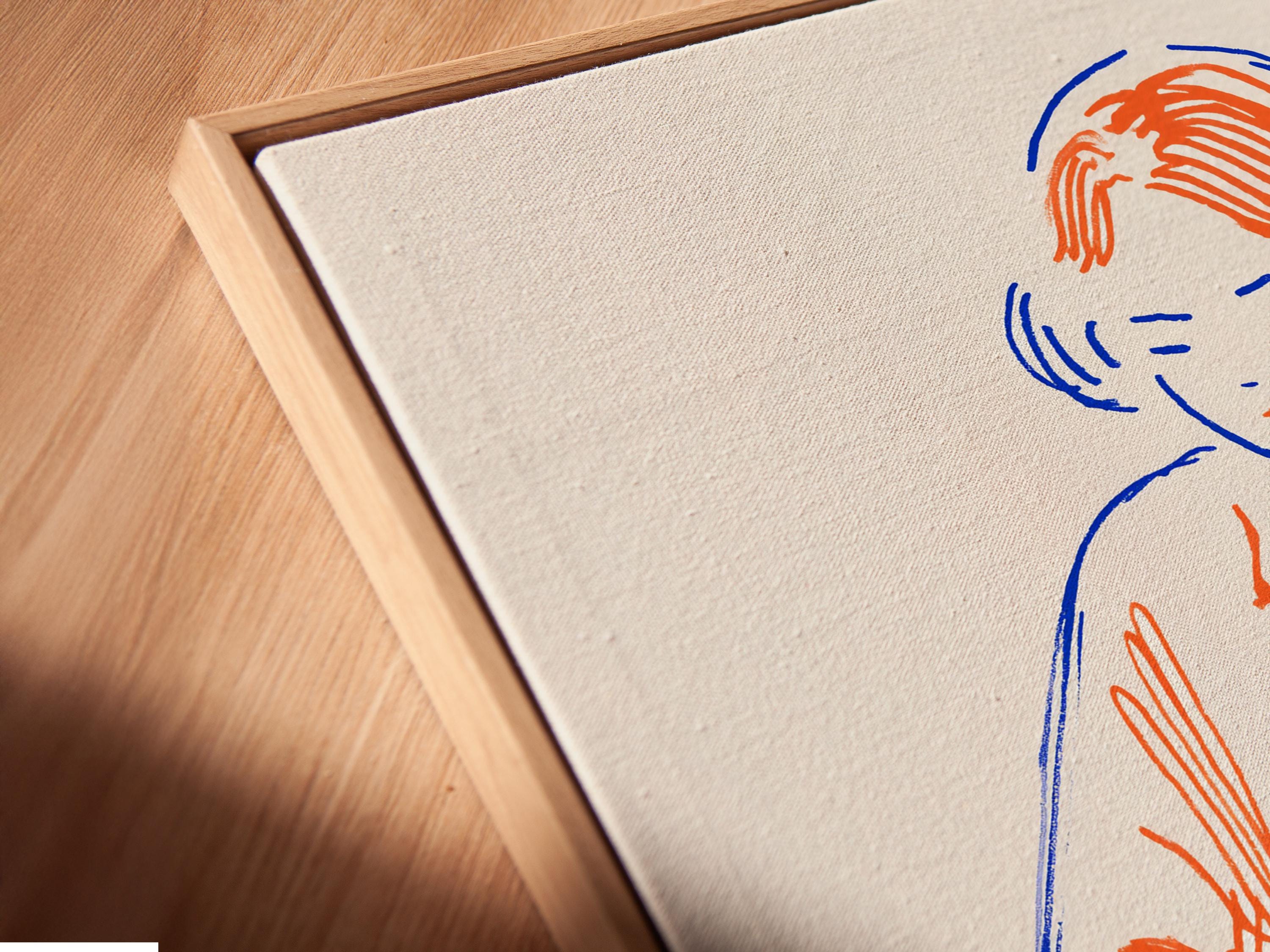 Stylised DJ portrait wearing headphones with a blue and orange turntable illustration detail view