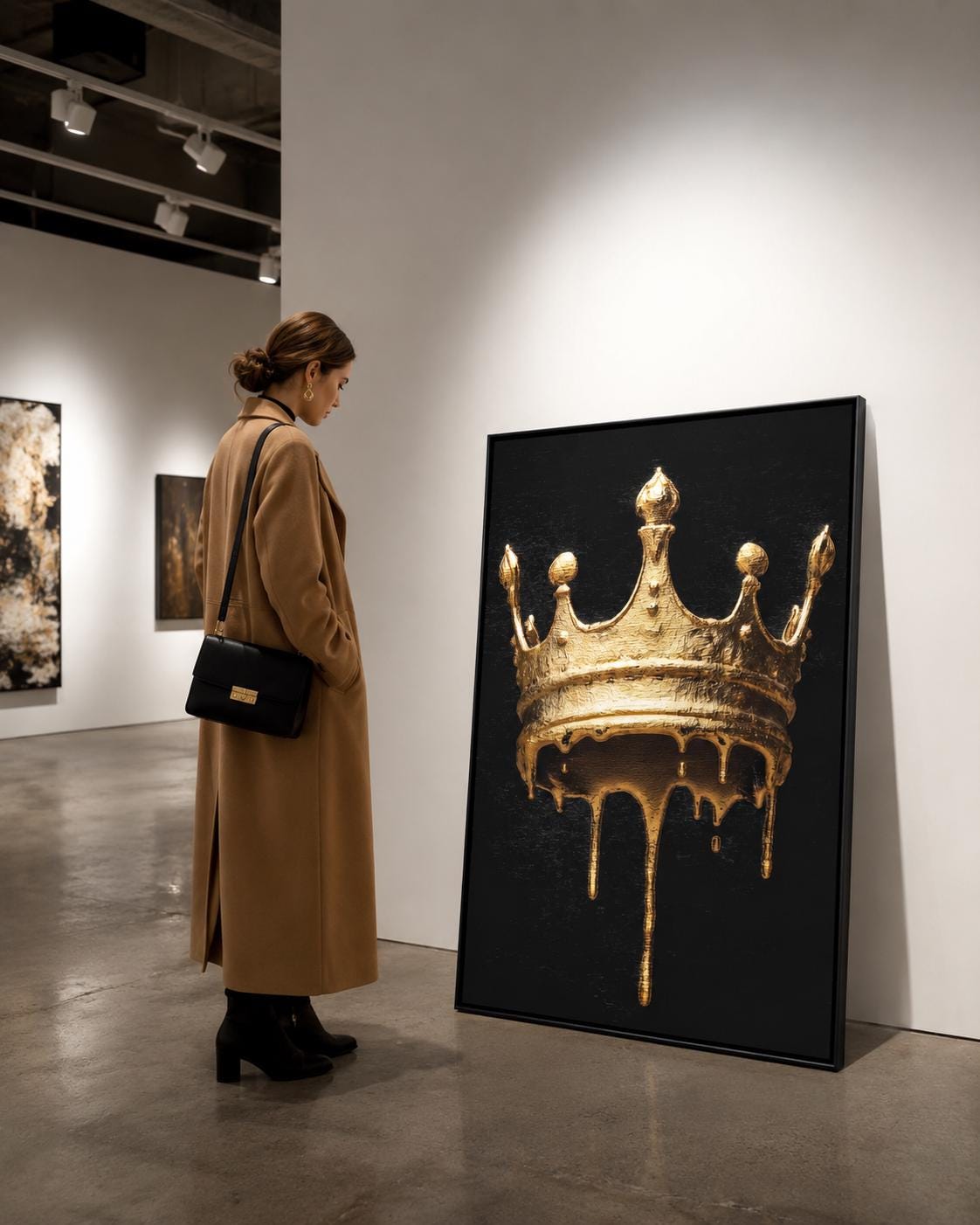Person in a clothing store viewing a black-and-gold crown artwork on a gallery wall