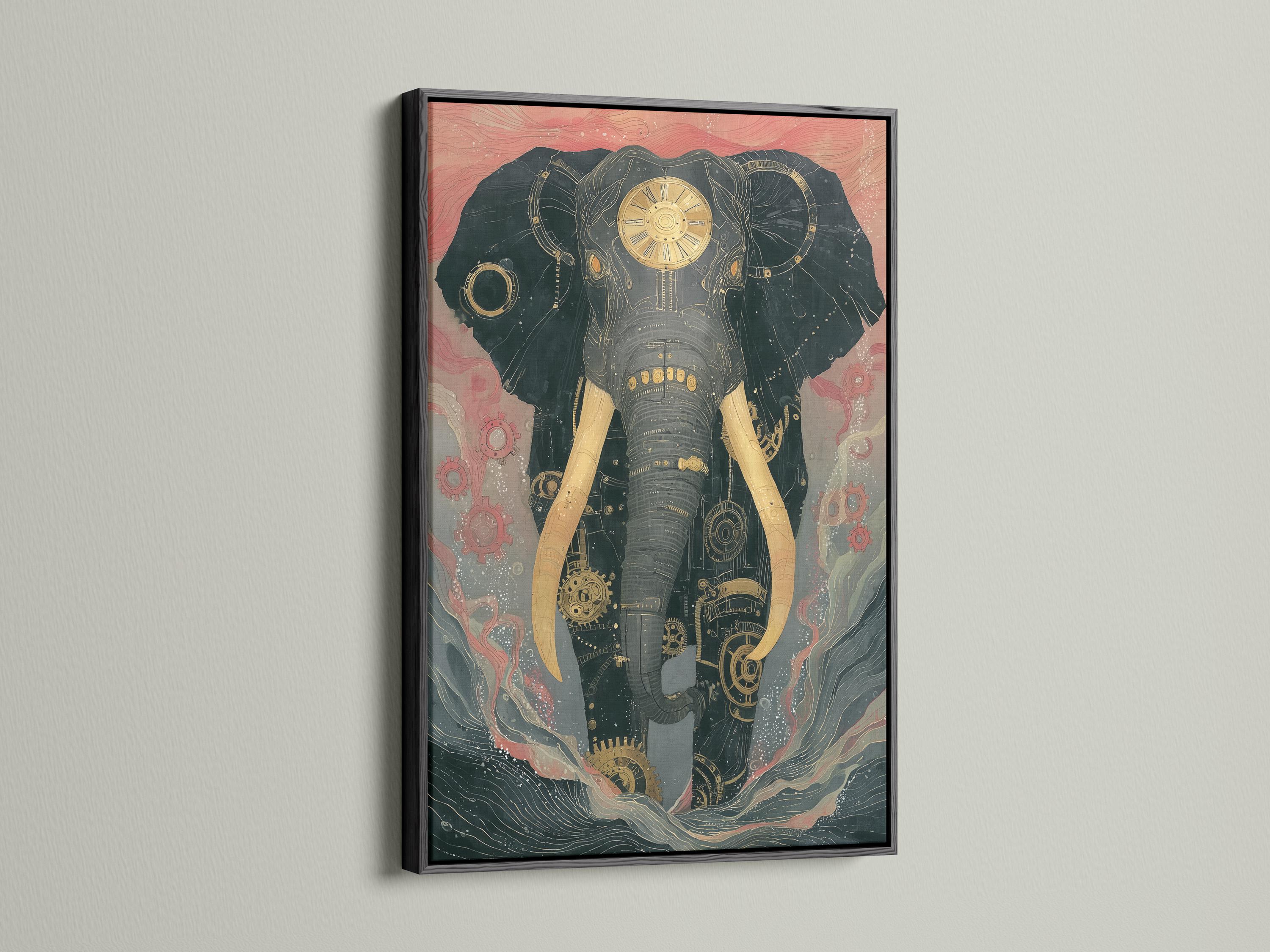 Mechanical elephant illustration with gear and clockwork details in teal, muted pink and gold detail view