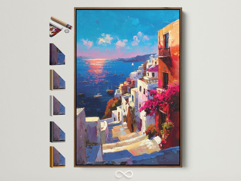 Painterly harbour village with turquoise sea, sailboats, white buildings and red-orange facade under a blue to pink sky