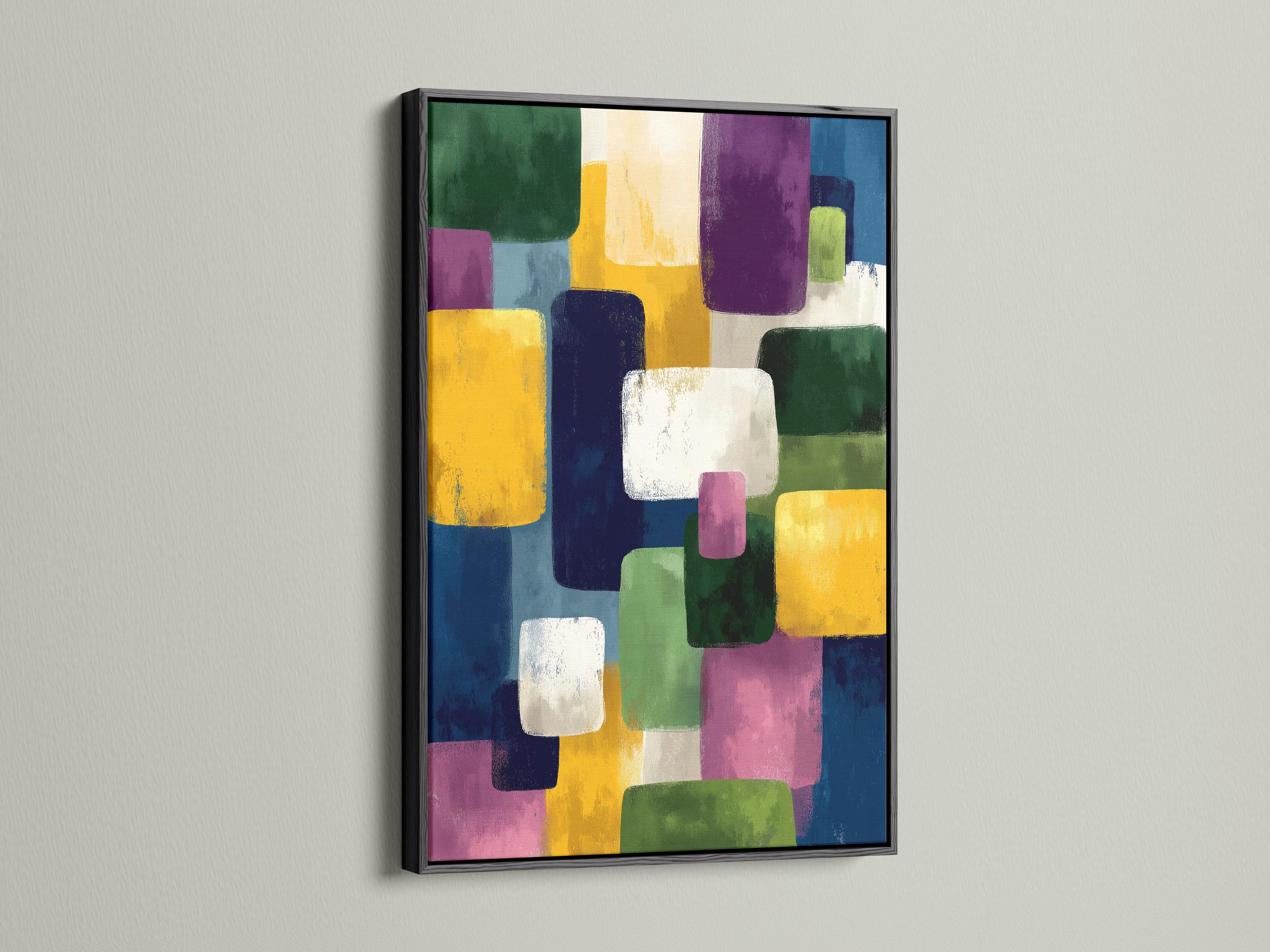 A framed geometric abstract artwork features overlapping colourful blocks—green, yellow, purple, blue and white—arranged in an irregular, layered
