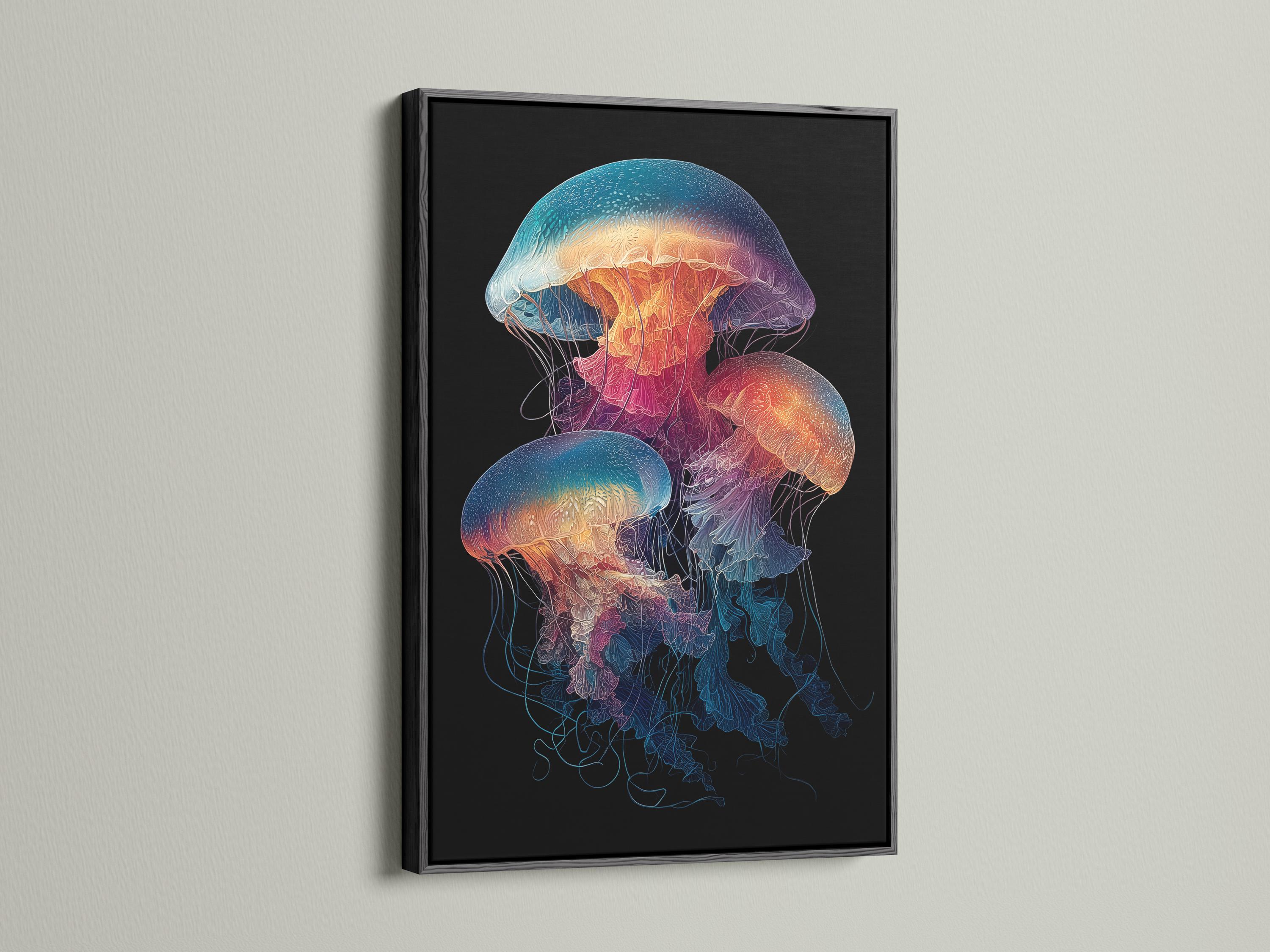 Illustration of a jellyfish with glowing teal, purple and orange colours on a dark background detail view