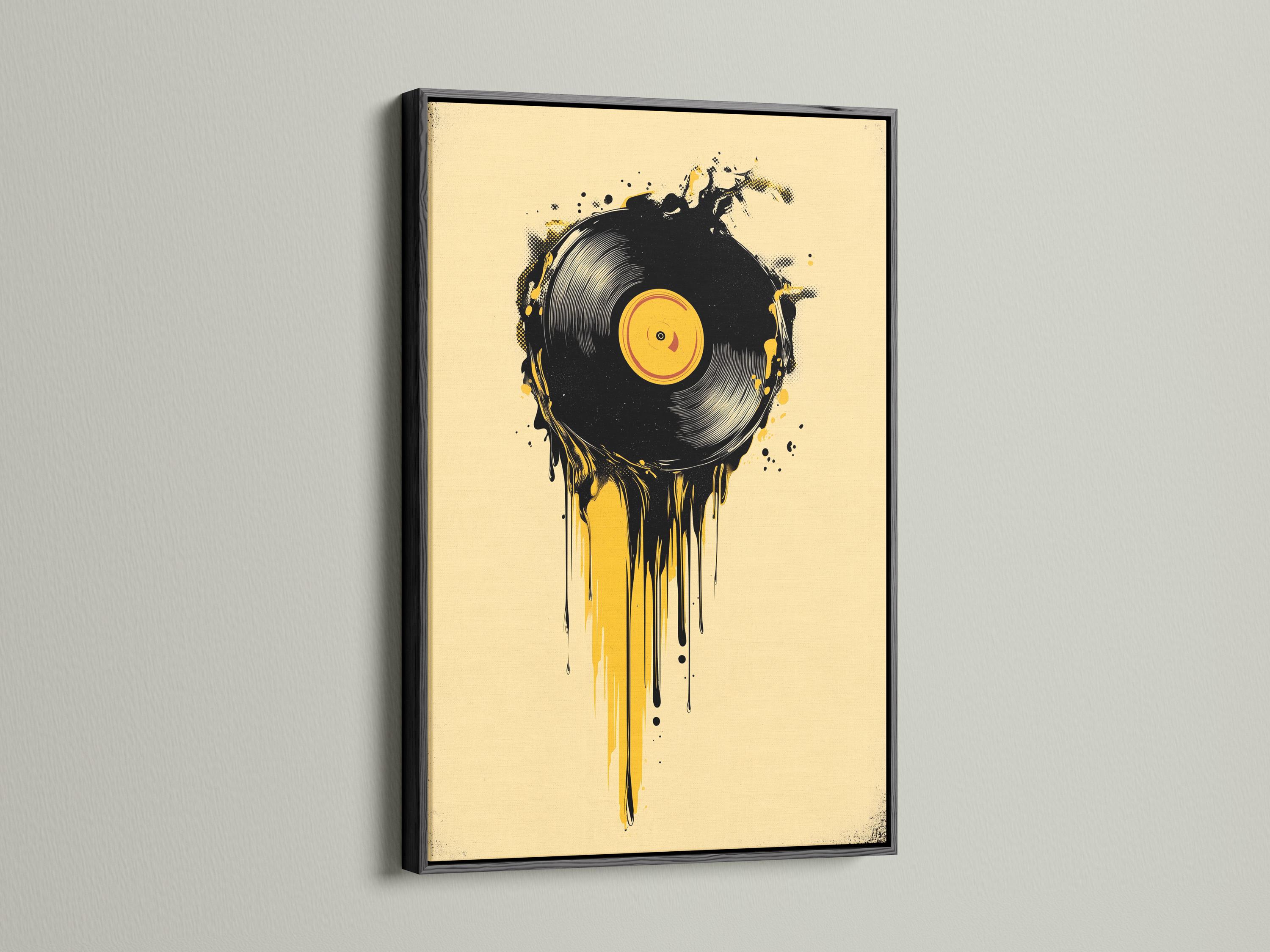 Room mockup showing a framed black and yellow vinyl record illustration with drip and splatter details