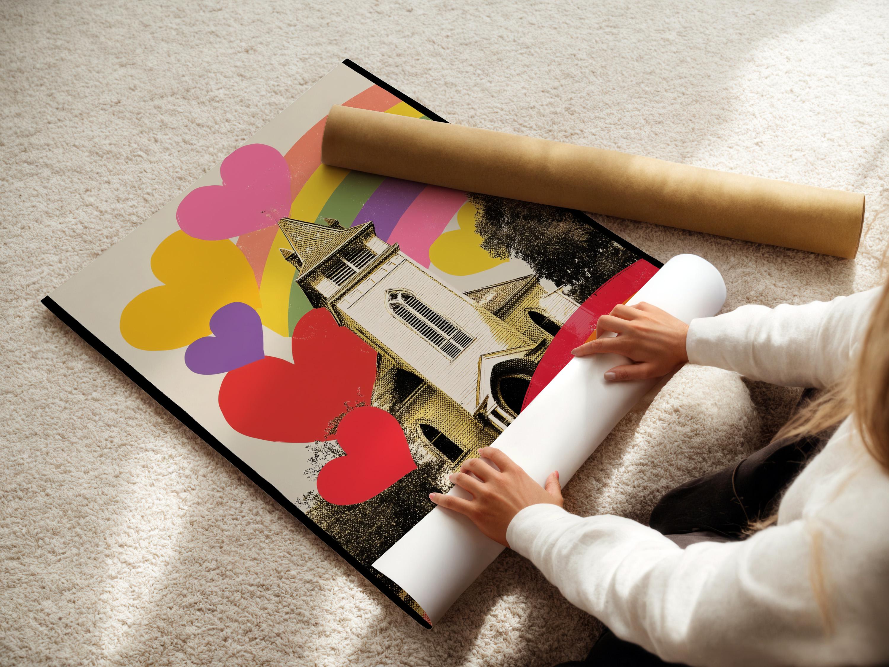 A person holding a mug sitting in a bedroom with a framed rainbow hearts church artwork on the wall