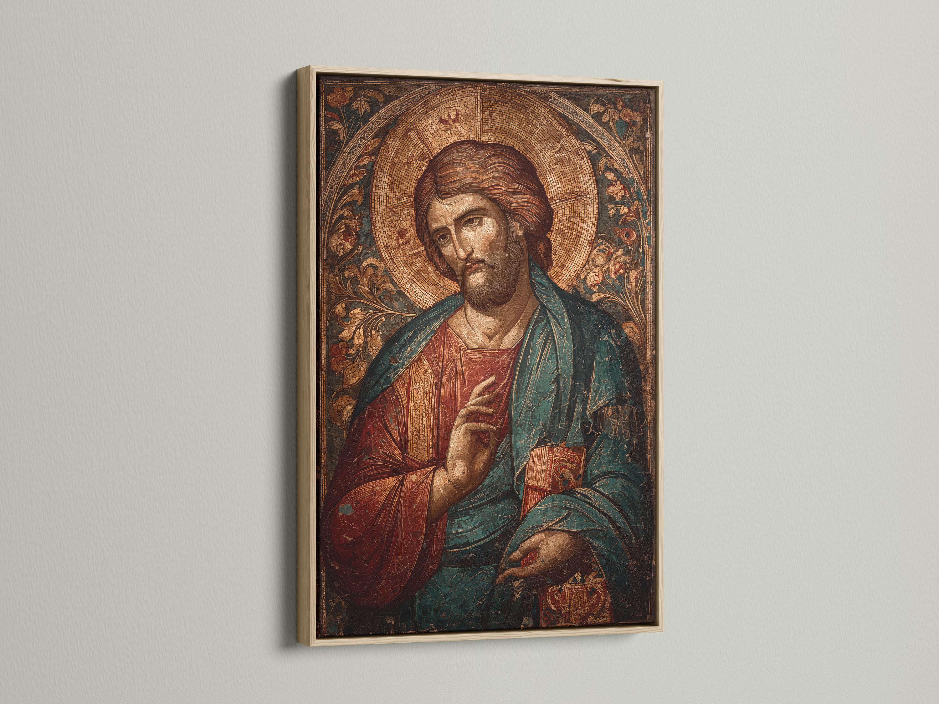 Jesus portrait religious artwork shown in a mockup with hanging options on the side
